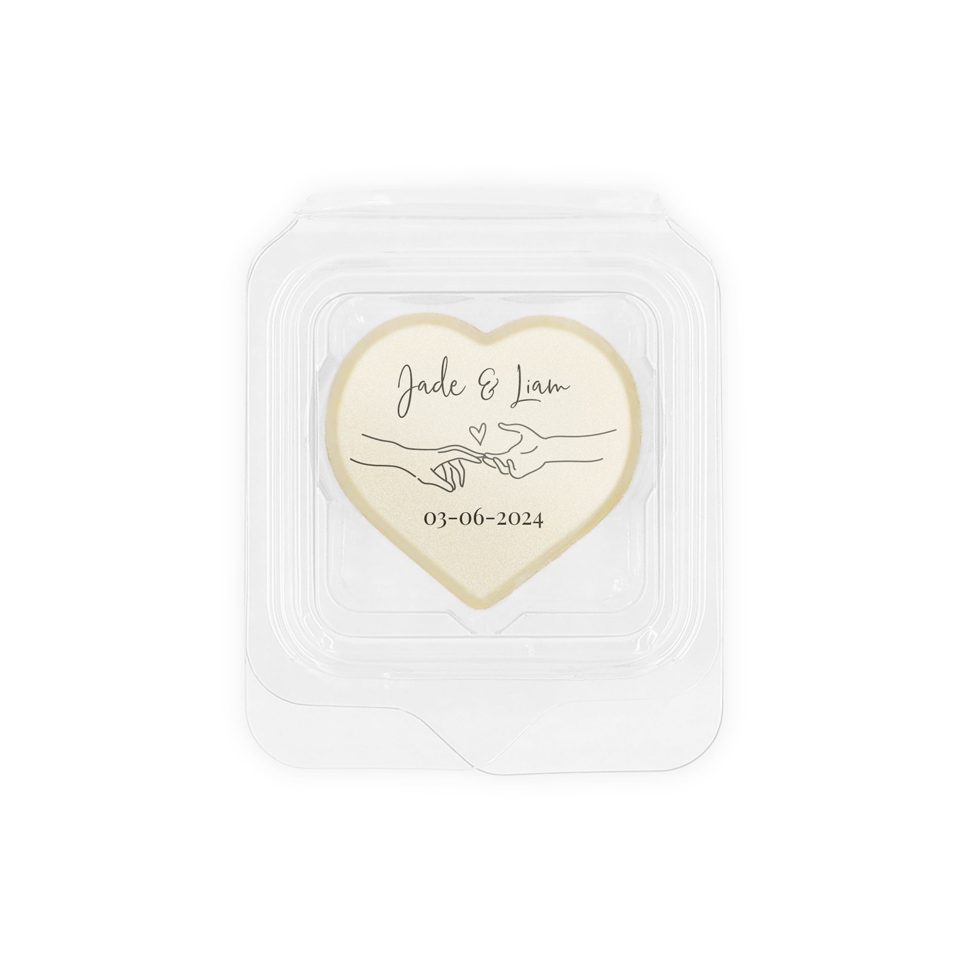 Pralină personalizată în formă de inimă cu nume Jade & Liam, imagine cu mâini unite și data 03-06-2024, ambalată individual.