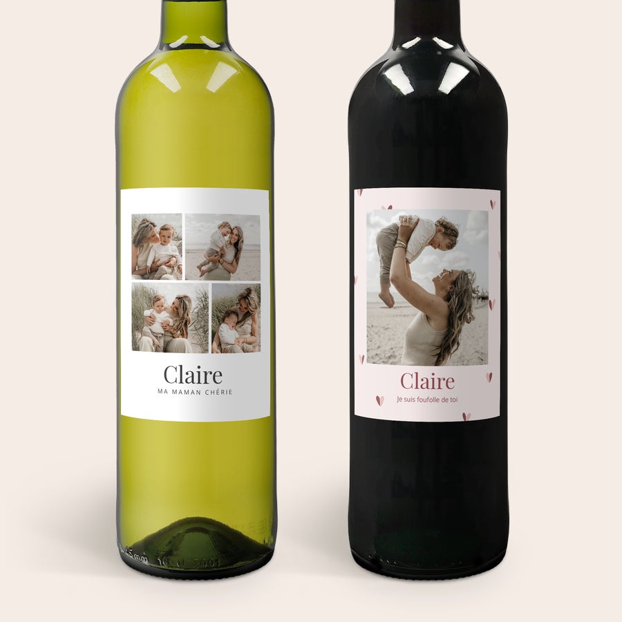 Coffret vin Maison de la Surprise personnalisé Deux bouteilles de vin personnalisées avec des étiquettes photo et texte: vin blanc Ma Maman Chérie et vin rouge Je suis fou folle de toi.