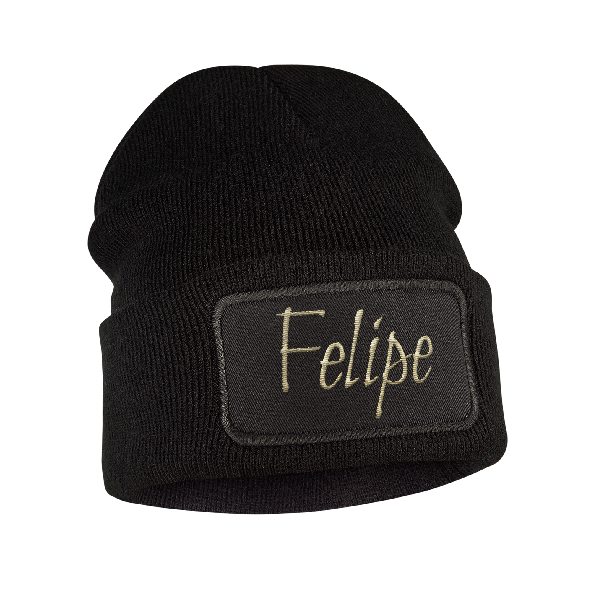 Gorro negro personalizado para niños, con nombre Felipe bordado en beige en un parche de tela.