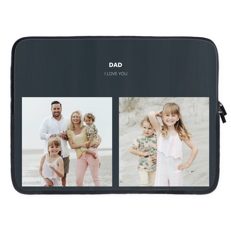 Personlig bærbar ermet med trykte familiebilder og teksten Dad I Love You.