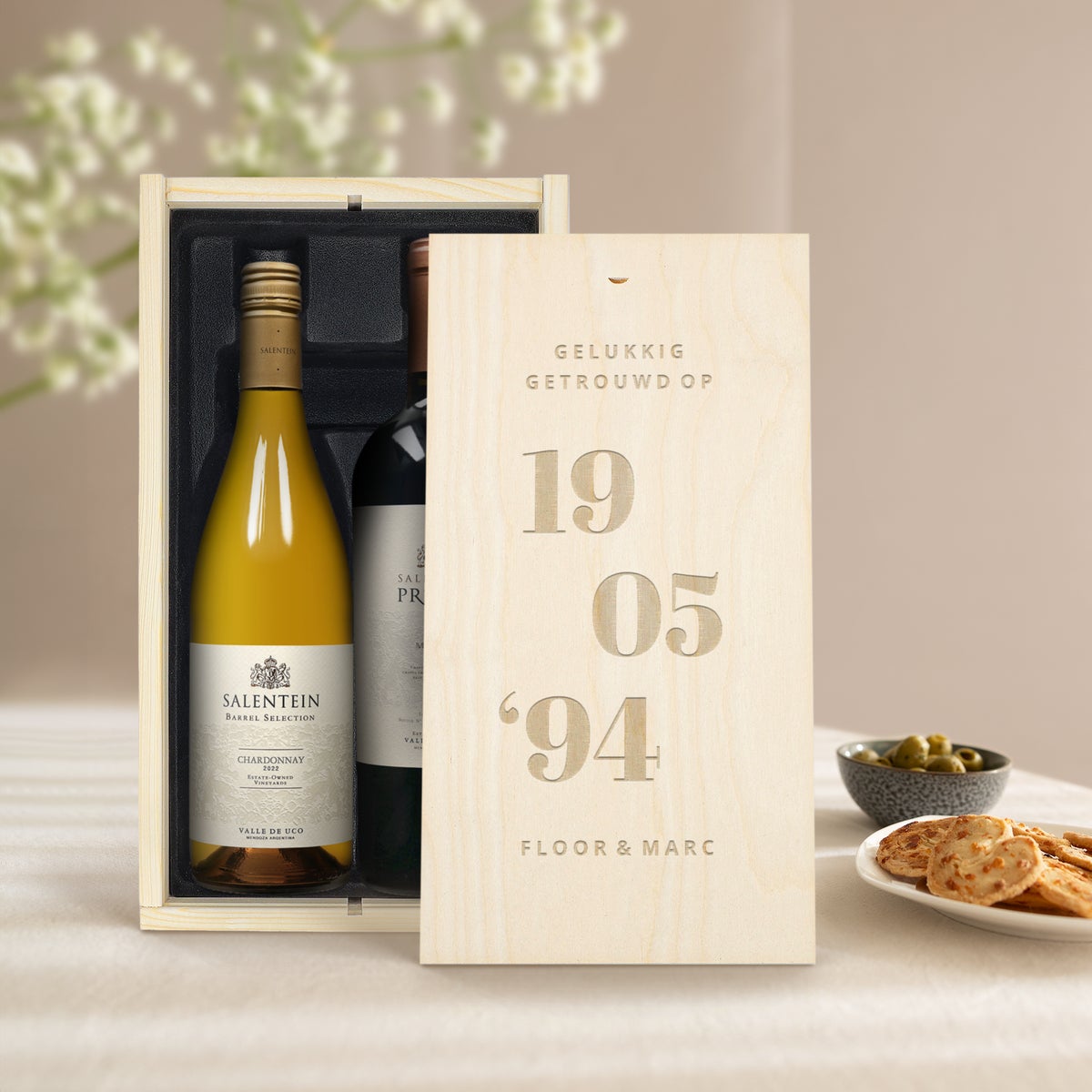 Wijnpakket in gegraveerde kist - Salentein - Pinot Noir en Chardonnay