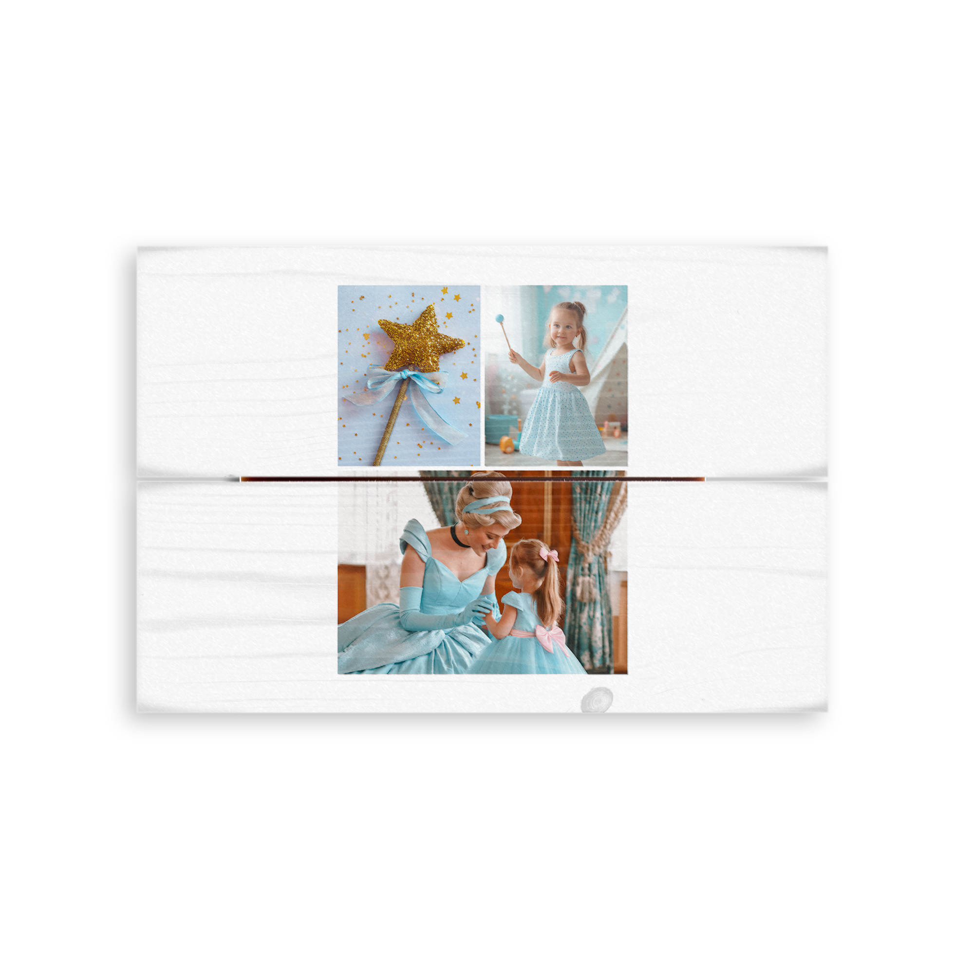 Personalized whitewashed wooden planks printed with a photo of a princess and a little girl