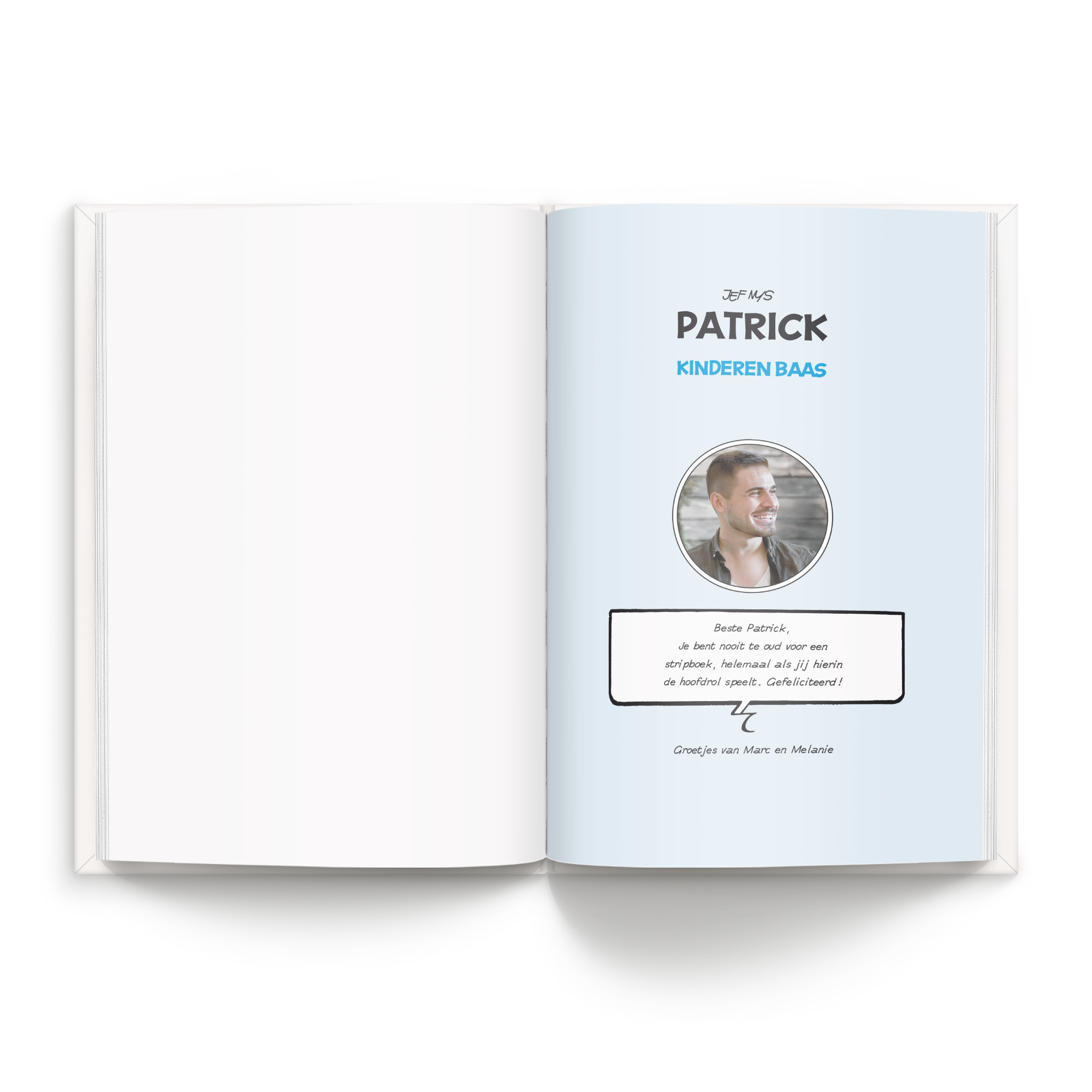 Open Persoonlijk stripboek - Jommeke 'Kinderen Baas' (Hardcover) met gepersonaliseerde tekst Beste Patrick en eigen foto