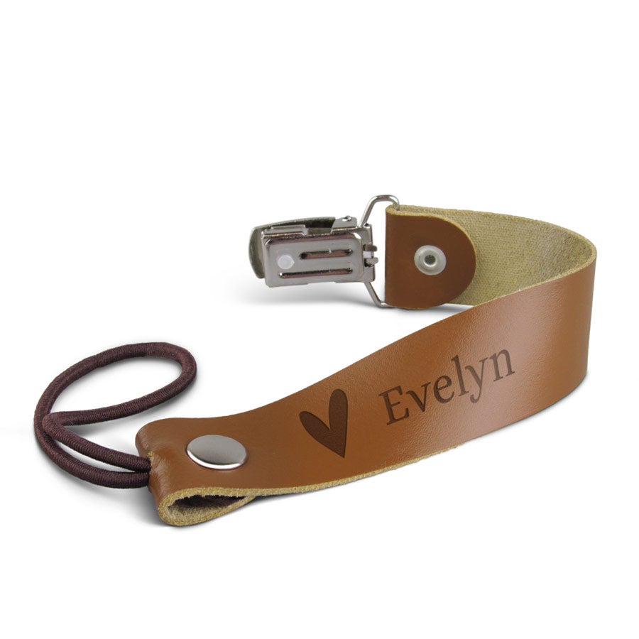 Personalised pacifier clip - Leather - Brown - Engraved