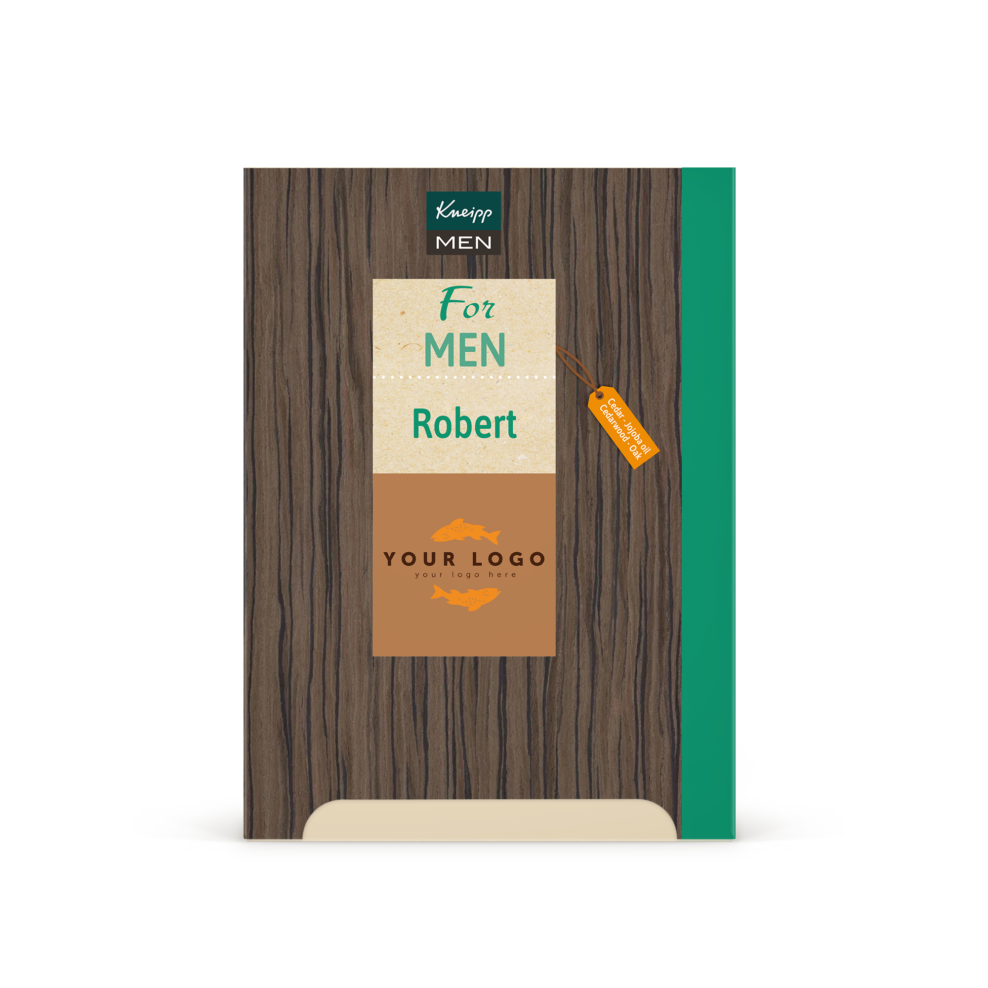 Személyre szabott Kneipp ajándékkészlet férfiaknak, Kneipp design doboz fa mintával, "For MEN" és "Robert" felirattal, egyedi logóval és cédrus-jojoba olaj, cédrusfa-tölgy illatcímkével.