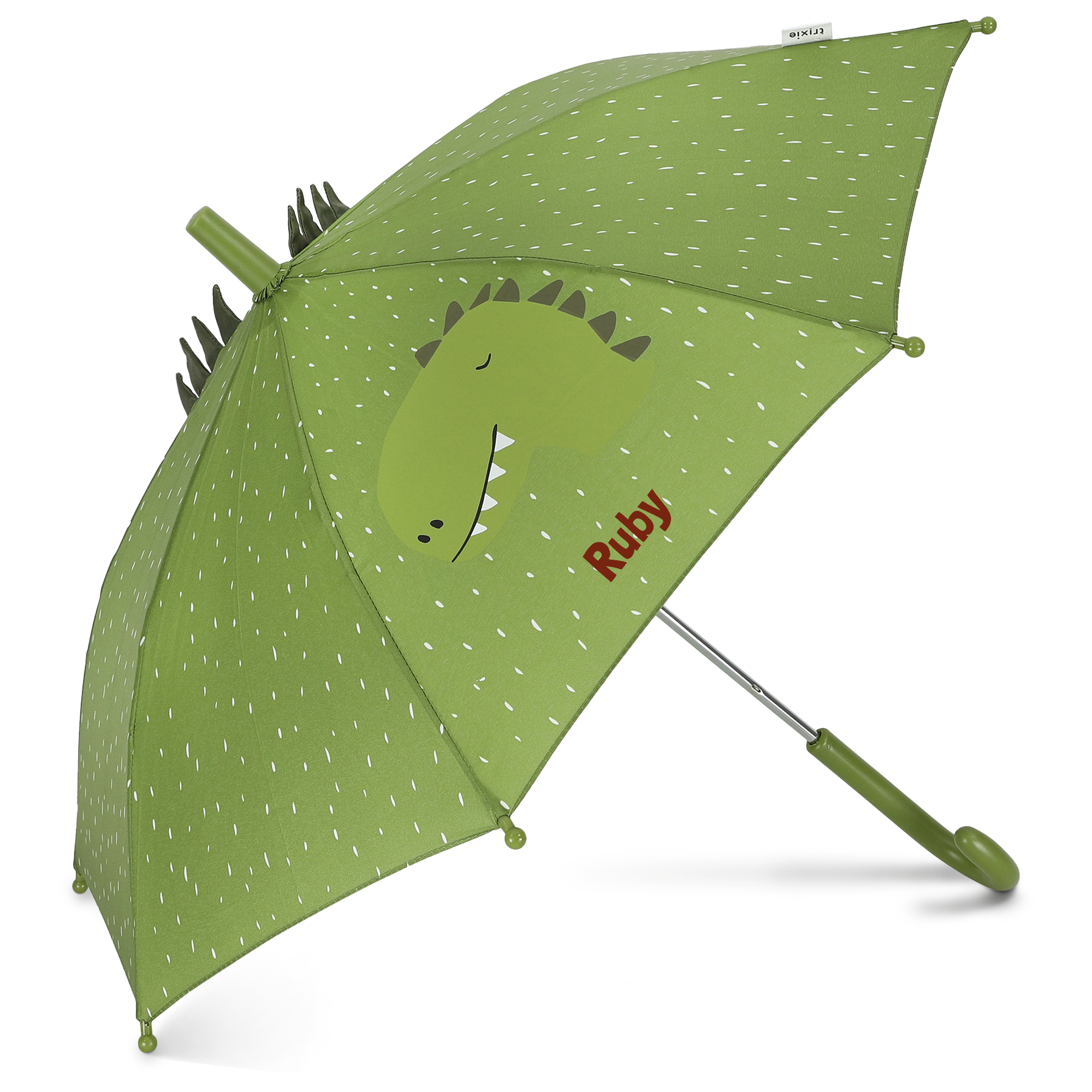 Grønn barneparaply med dinodesign, trykt med navnet Ruby, for ha det gøy i regnet.