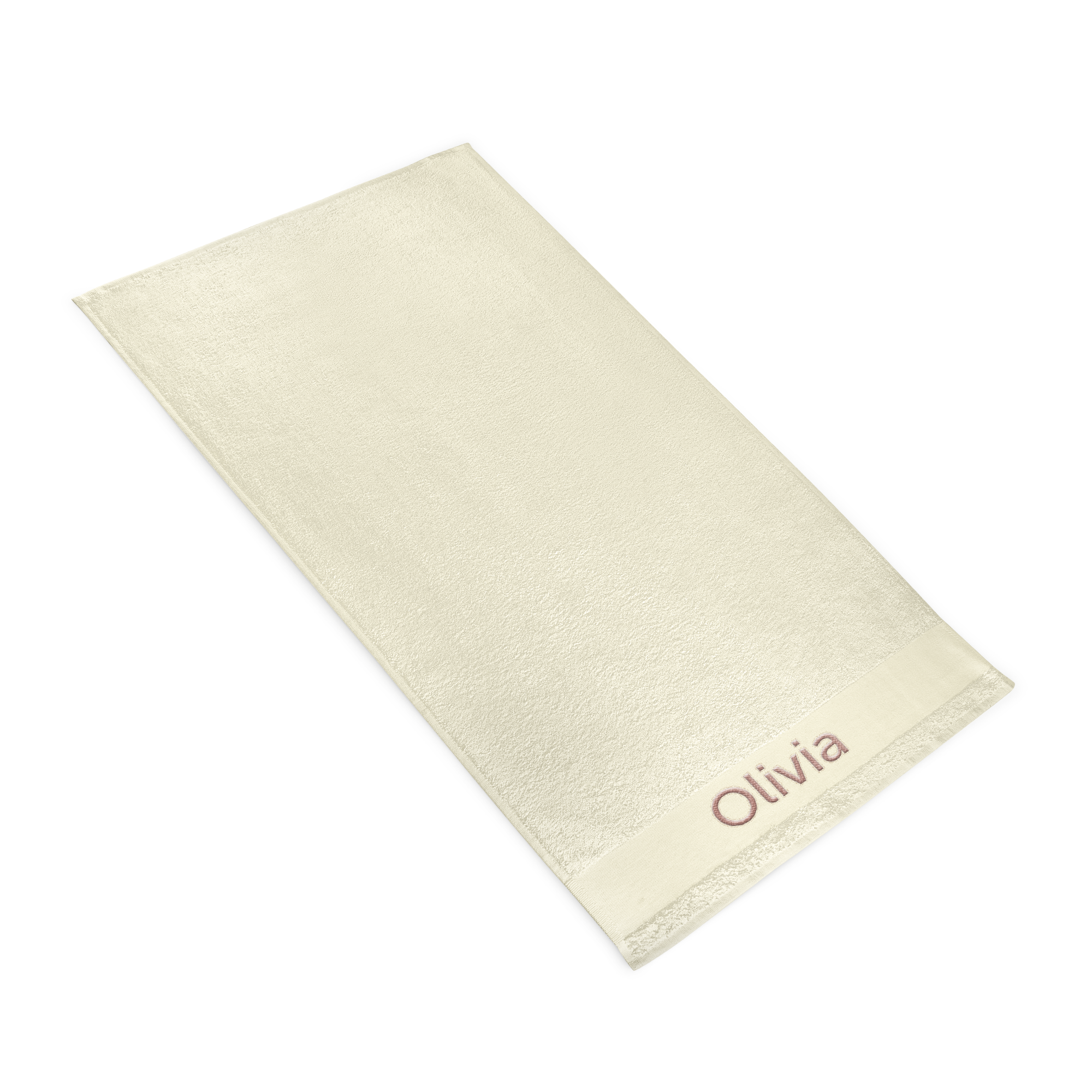 Asciugamano beige personalizzato ricamato con il nome Olivia, per rendere speciale ogni momento del bagno