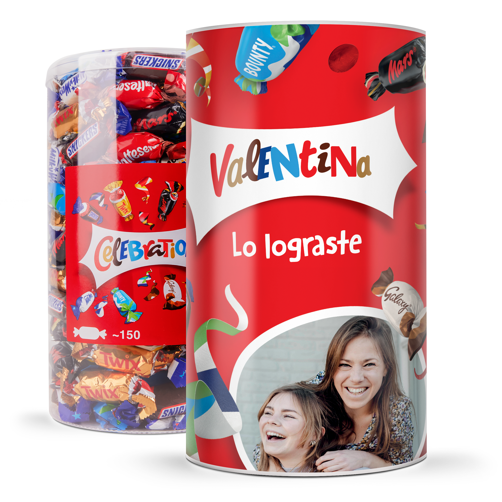 Tubo Celebrations personalizado con el nombre Valentina, el mensaje Lo lograste y dos fotos de chicas sonriendo.