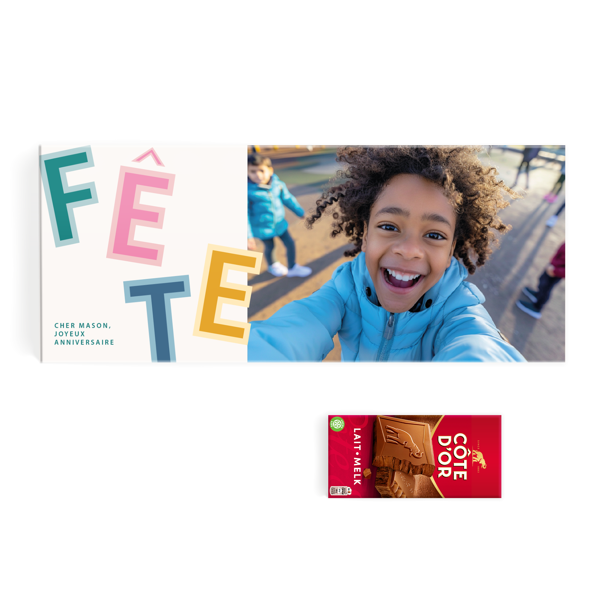 Tablette de chocolat XXL Côte d'Or personnalisée - design YSP avec photo d'enfant joyeux et message imprimé "Cher Mason, Joyeux Anniversaire".