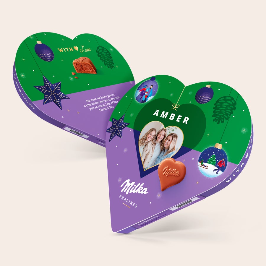 Julhjärta Milka med namn och foto Ett personligt Milka-hjärta med eget foto och namn. Milka-chokladpraliner i en hjärtformad ask, den sötaste presenten under trädet.