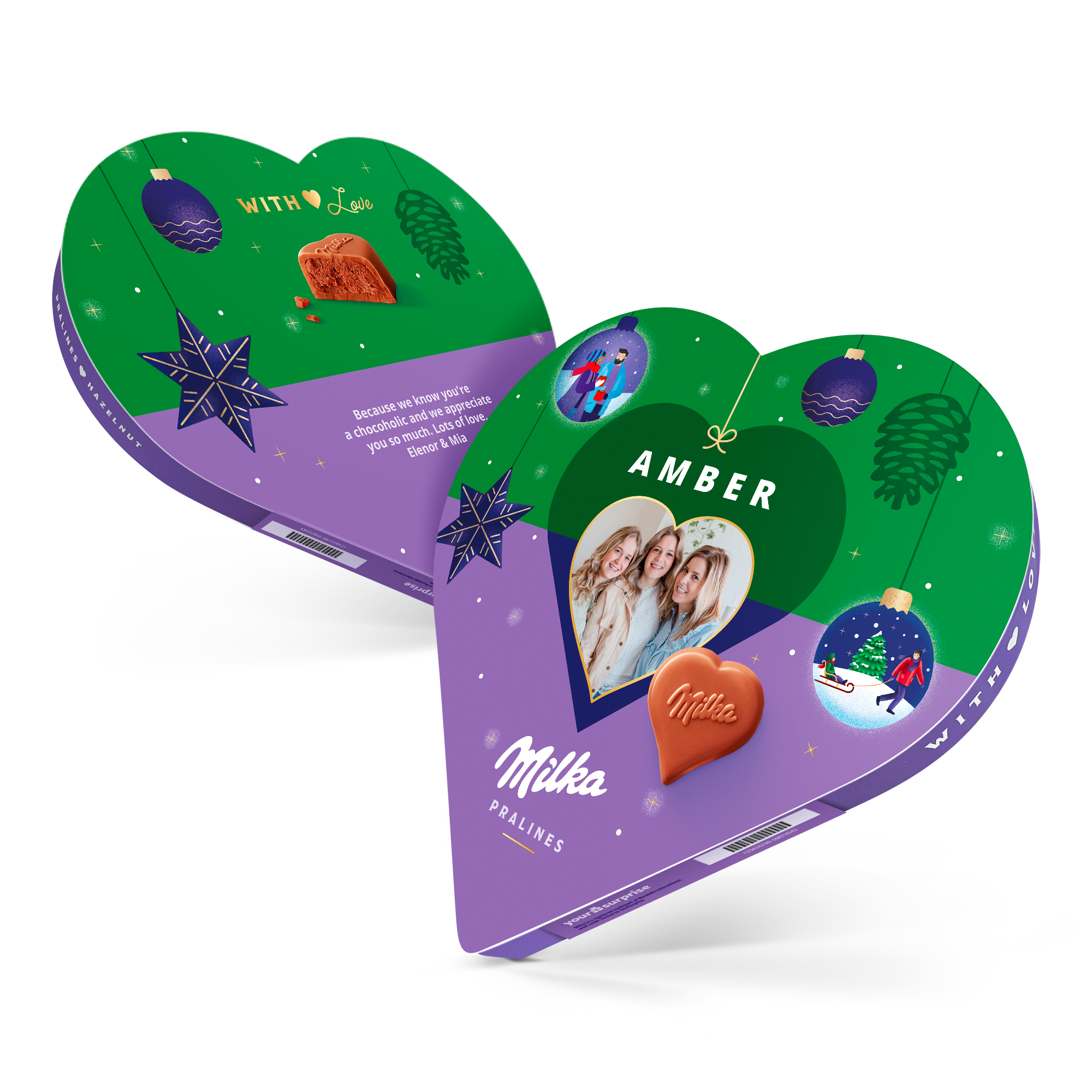 Milka hjerte chokolade gaveæske i juledesign med navn og billede