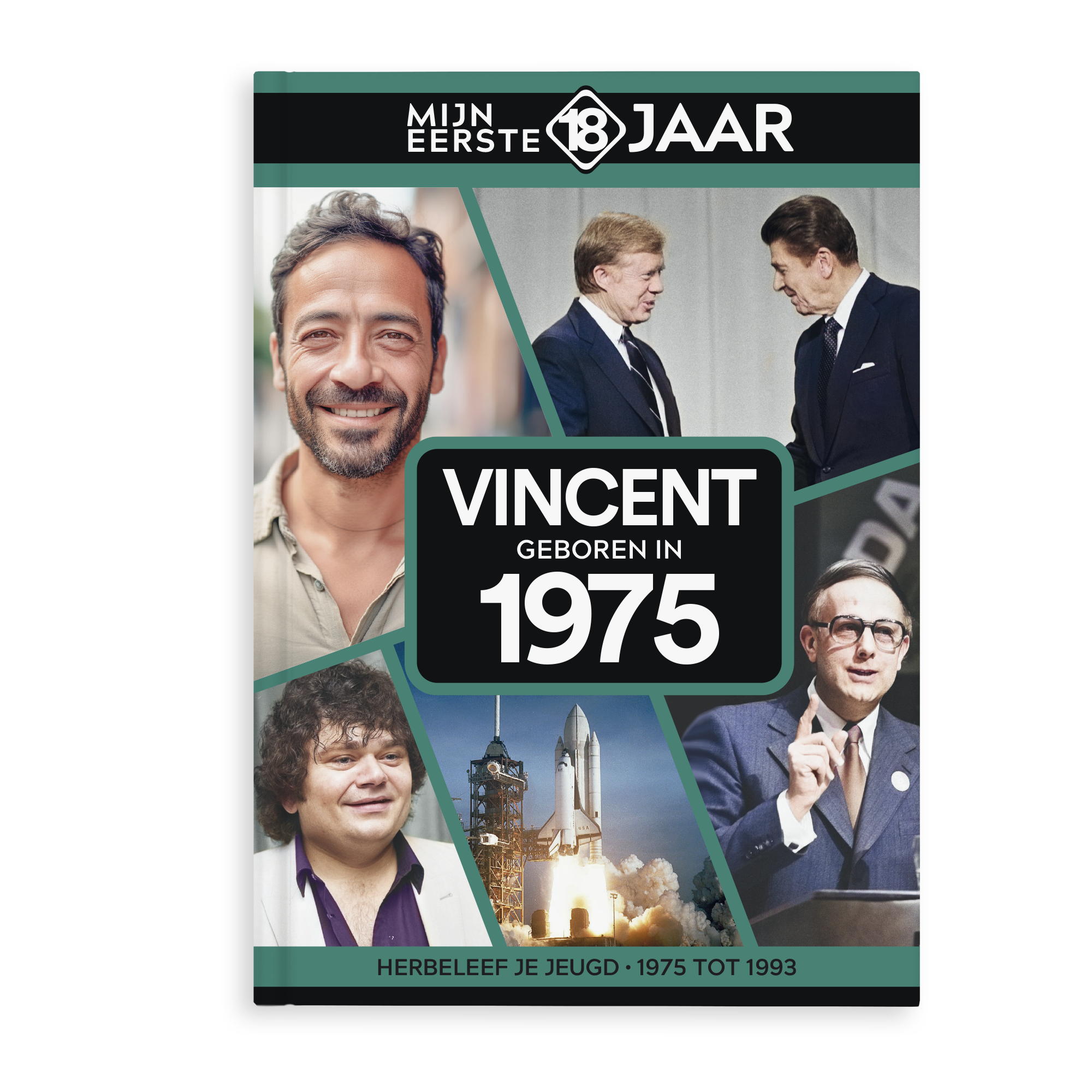 Gepersonaliseerd boek Mijn Eerste 18 Jaar met de naam Vincent, geboren in 1975, voor een trip down memory lane.