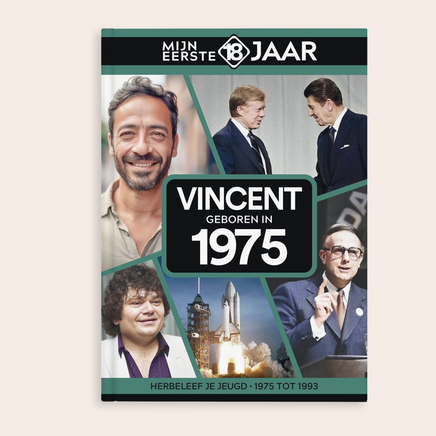 Geboortejaar boek - Mijn eerste 18 jaar Gepersonaliseerd boek Mijn Eerste 18 Jaar met de naam Vincent, geboren in 1975, voor een trip down memory lane.