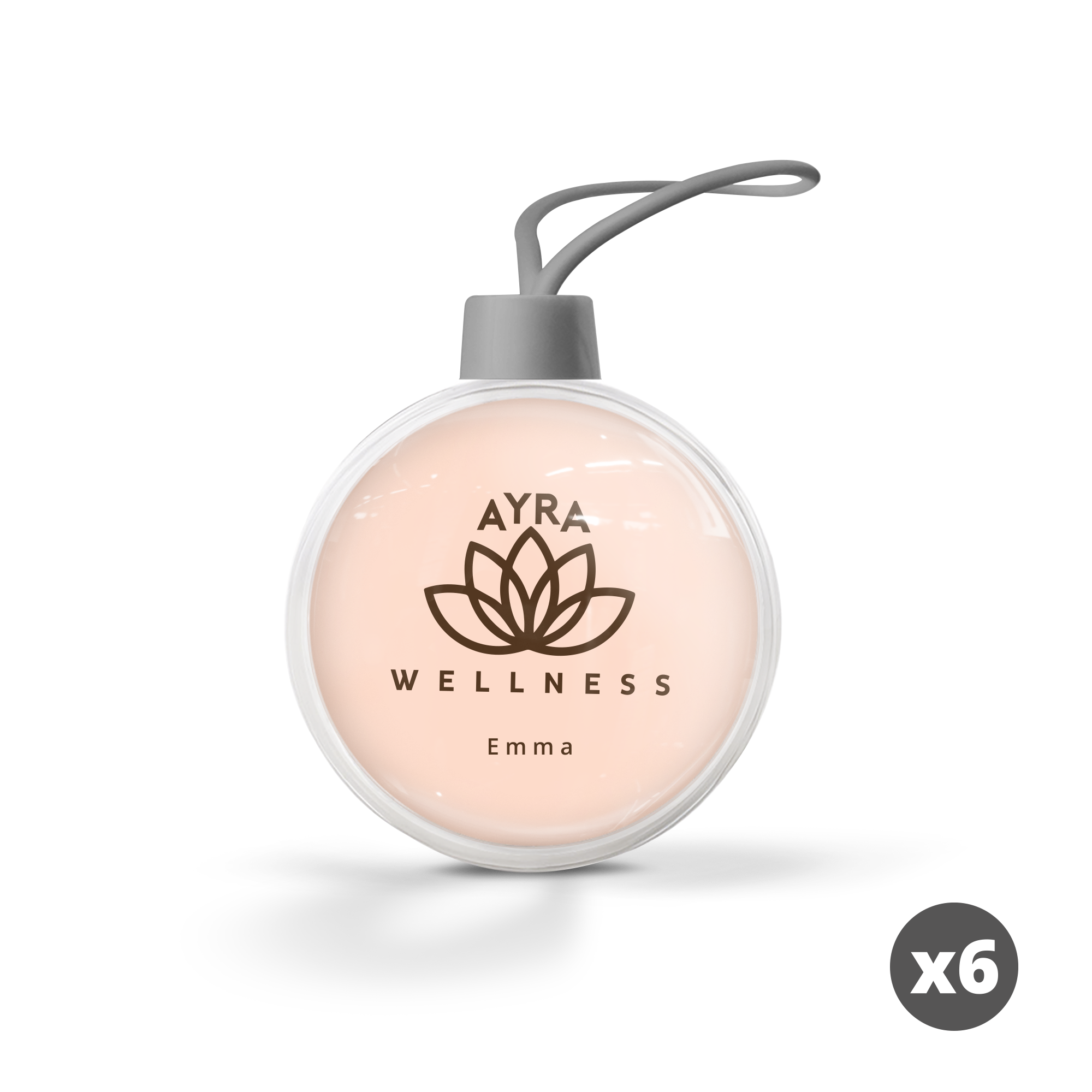 Transparente Weihnachtskugel mit Aufdruck eines Wellness-Logos und dem Namen Emma, einzeln erhältlich.