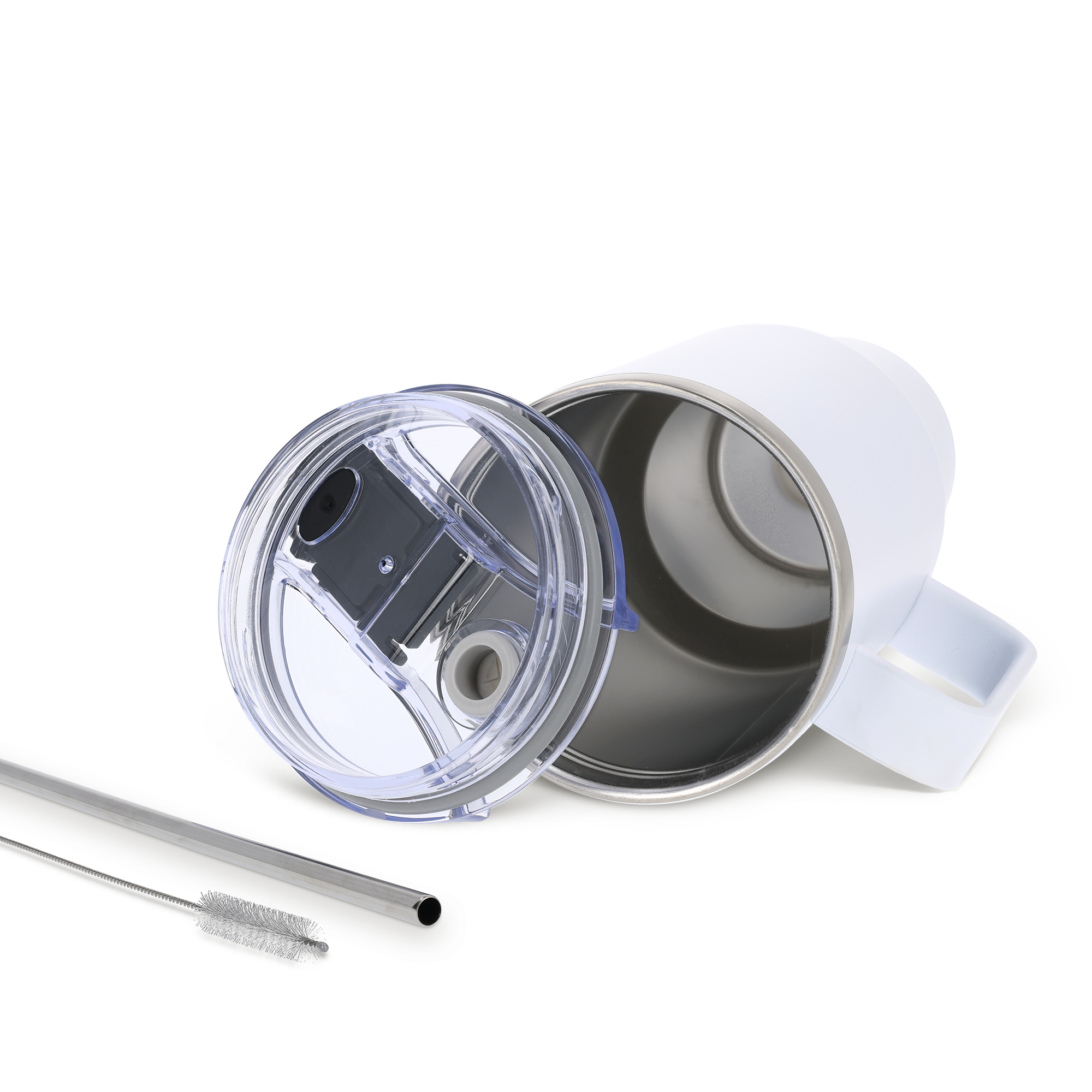 En vit personlig 1,2L tumlare med halm, med en transparent kupollock, ett sugrör och en rengöringsborste, redo för tryck.