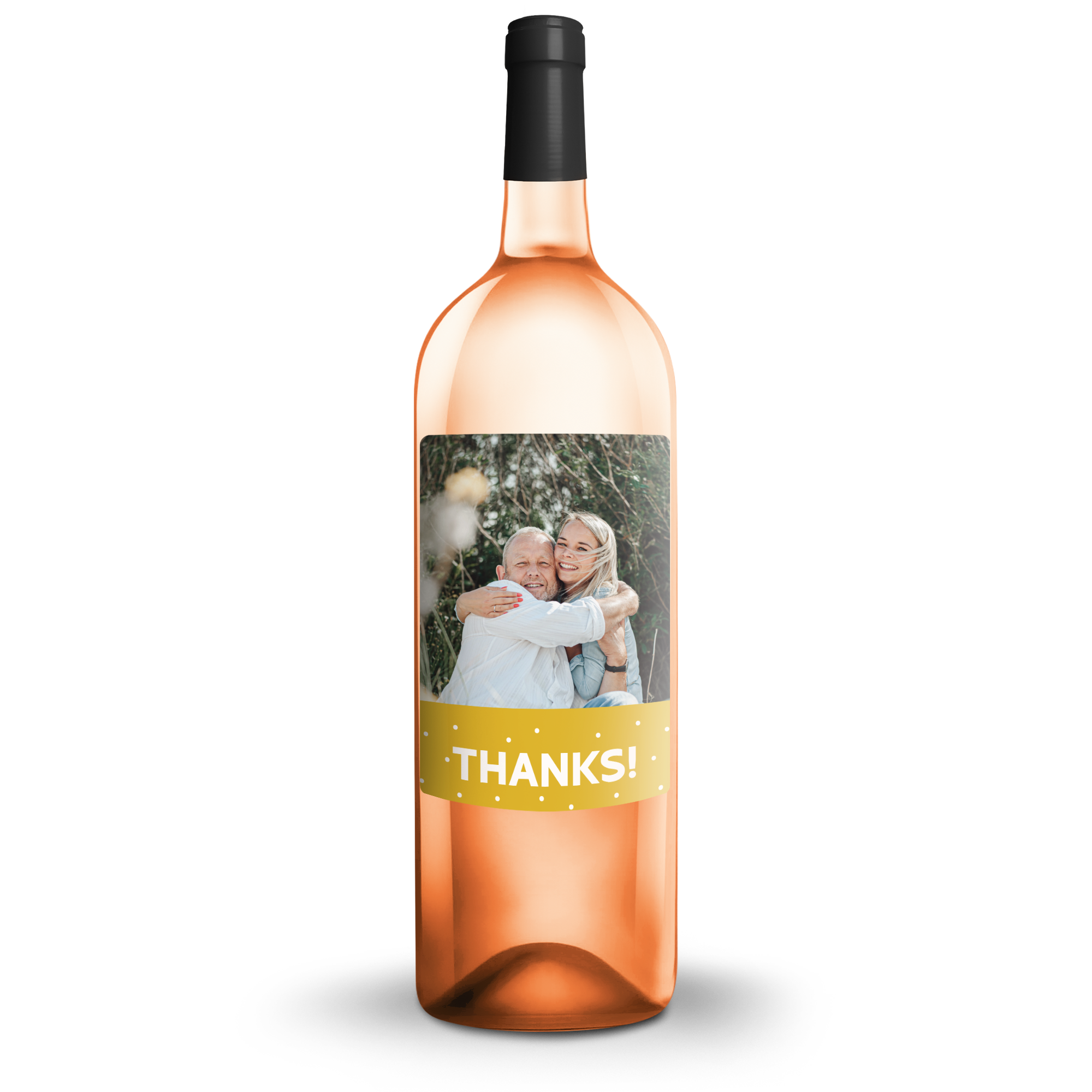 Sticlă de vin roze AIX cu etichetă personalizată imprimată cu o fotografie și textul „THANKS!”