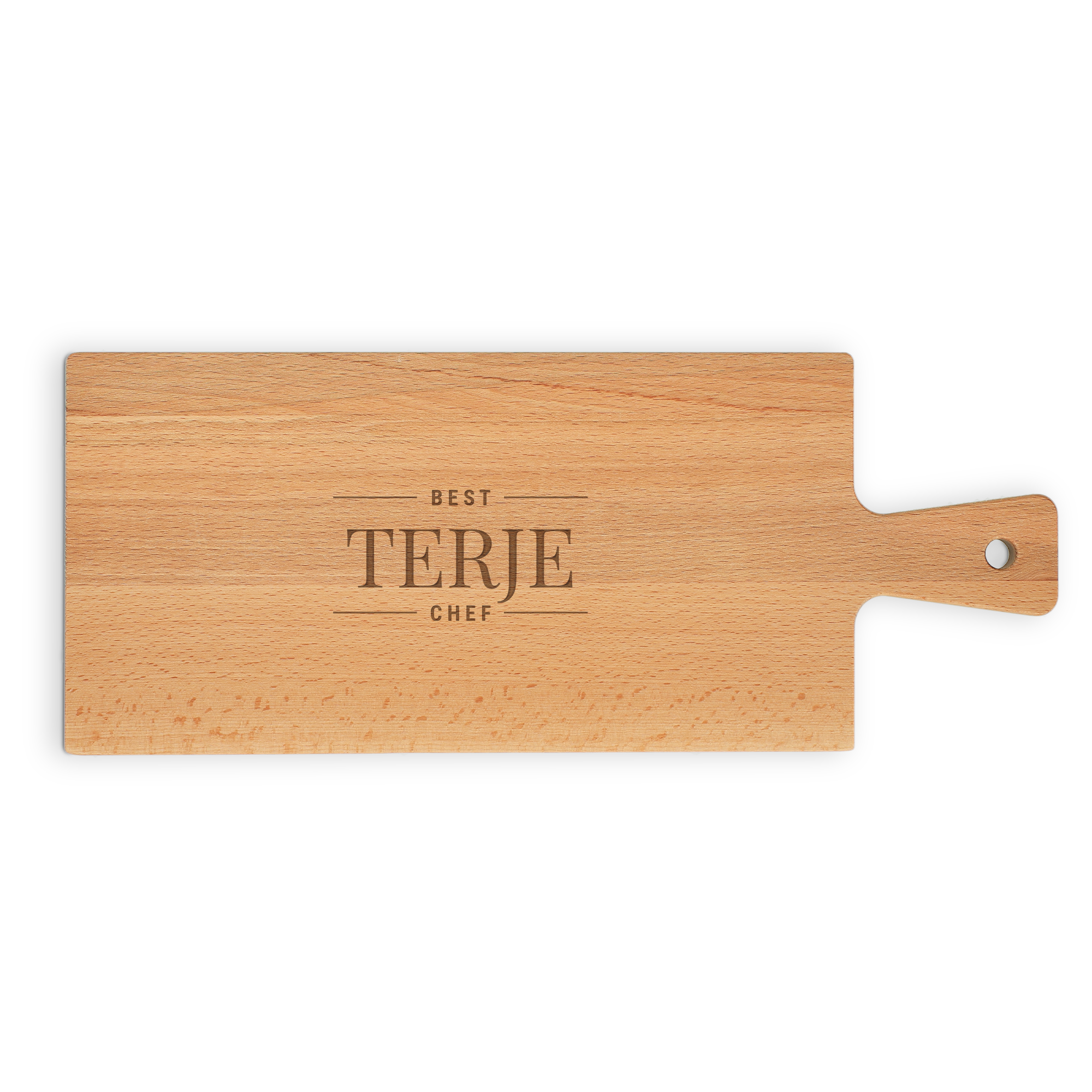 Personlig serveringsfat i tre, gravert med navnet Terje og teksten Best Chef