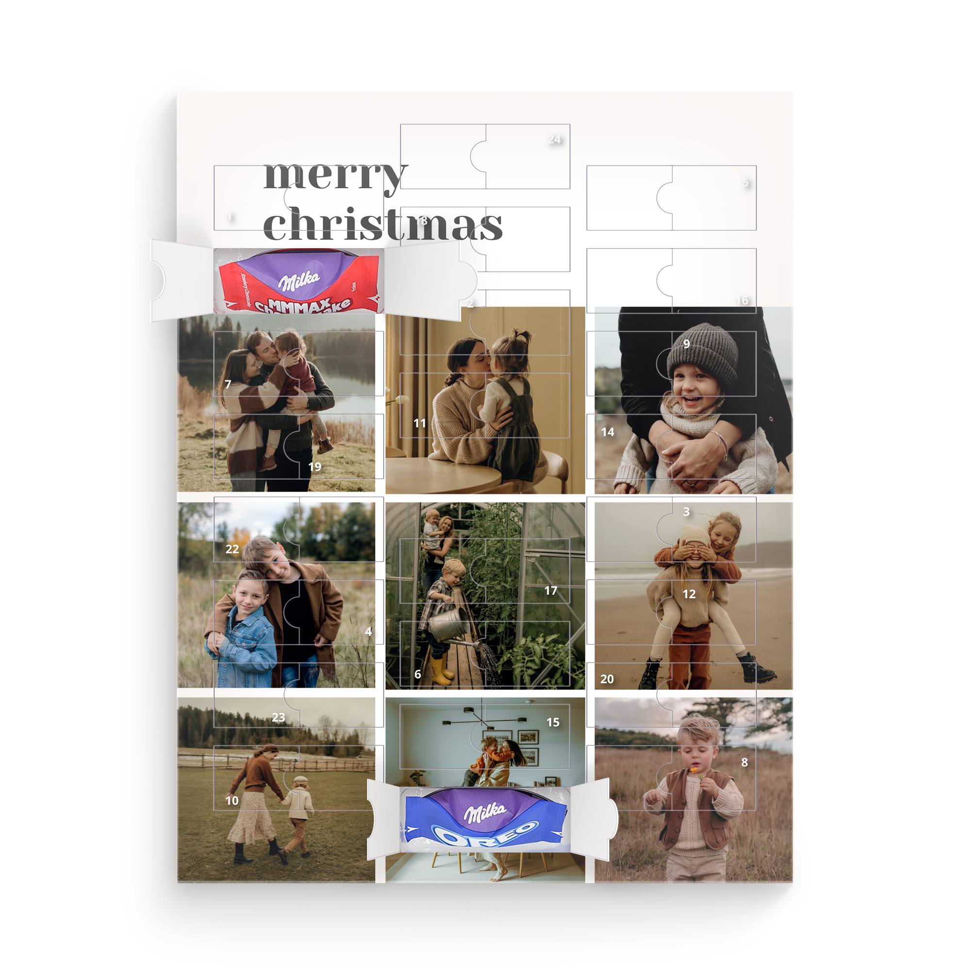 Personalized advent calendar printed with family photos and Merry Christmas text, filled with Milka chocolate.