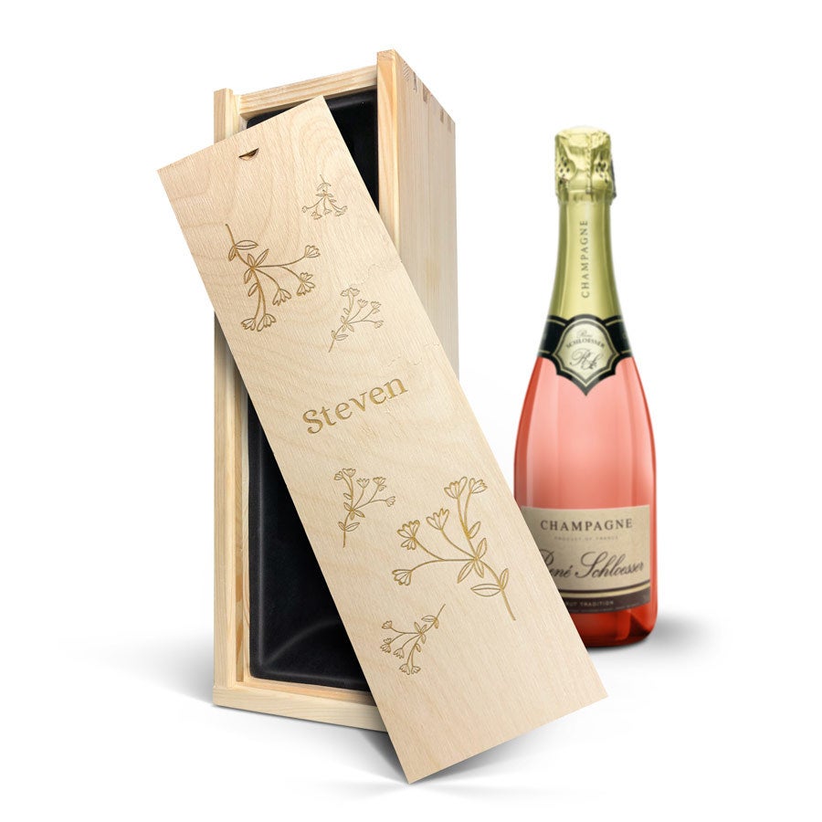 Personalised champagne gift - Rene Schloesser rose (750ml) - Engraved wooden case