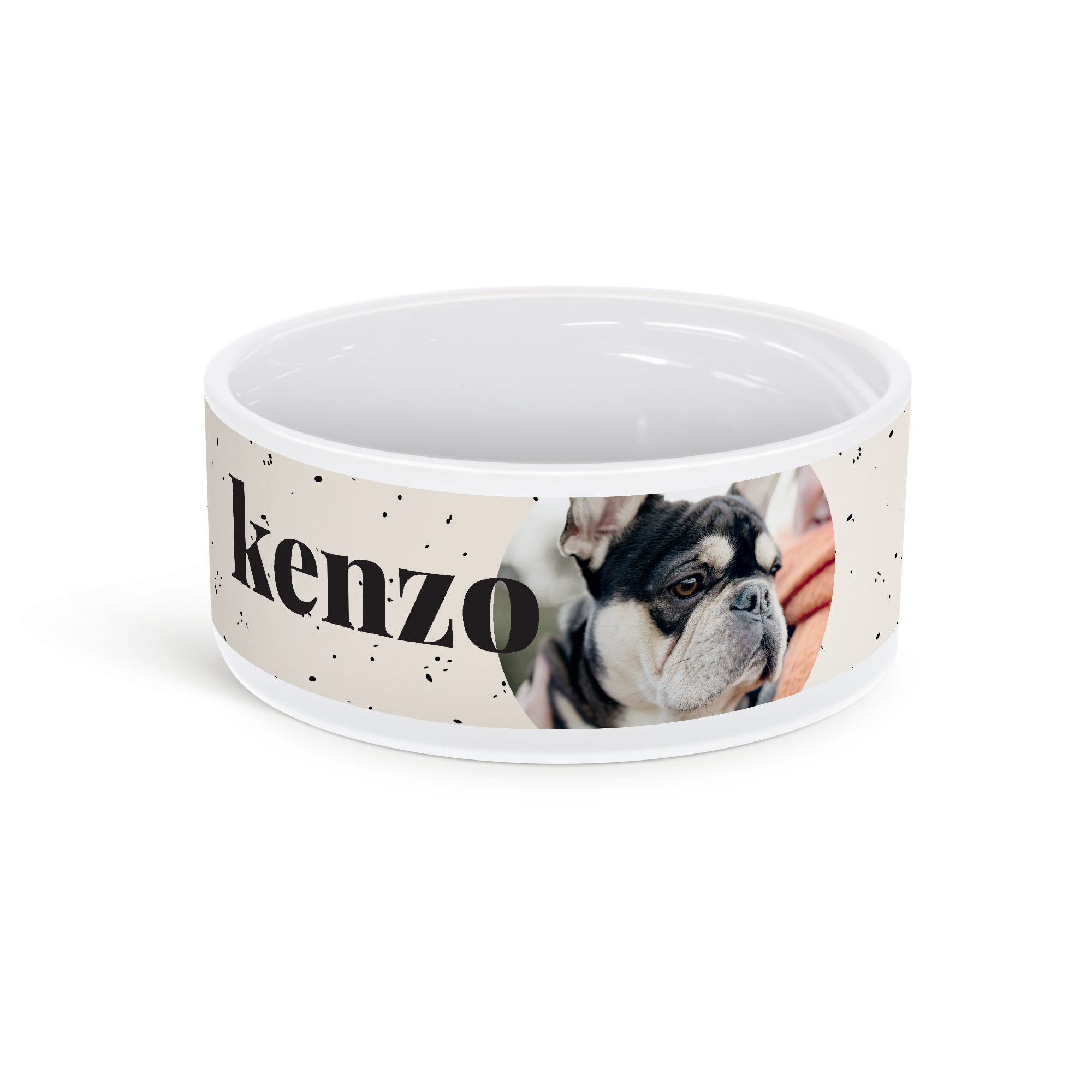 Personlig madskål til kæledyr i keramik, trykt med navnet Kenzo og billede af en hund, gør spisetiden helt særlig
