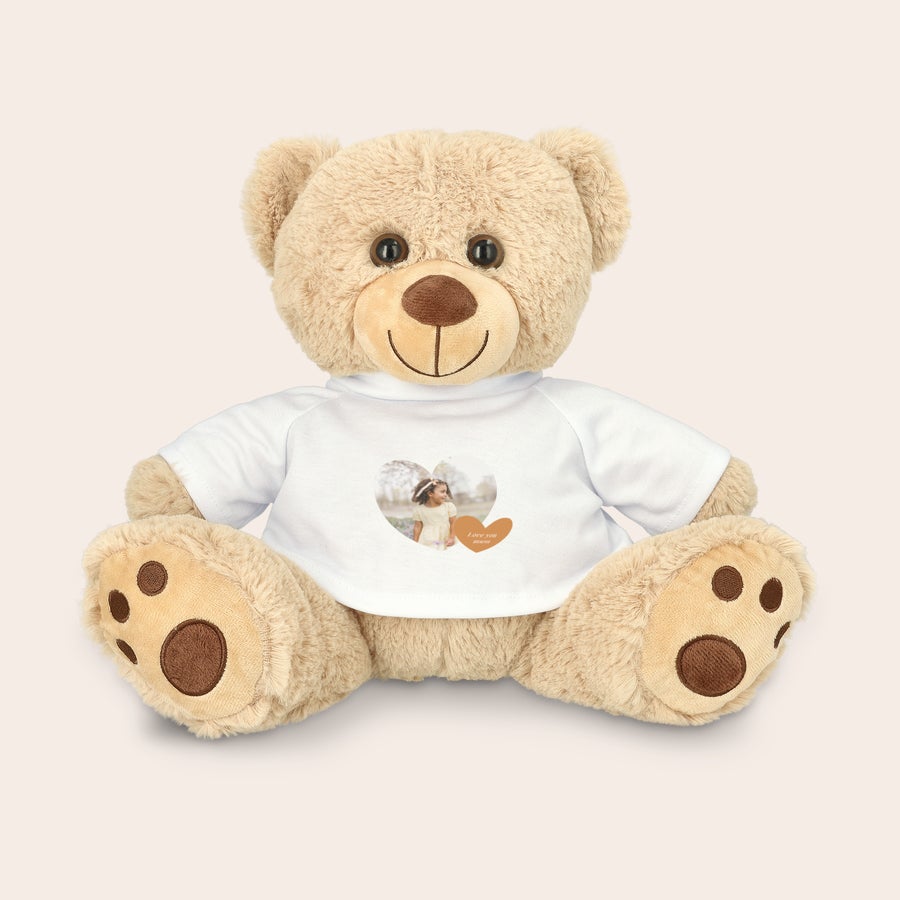 Orso di peluche personalizzato Orsetto di peluche marrone chiaro con maglietta bianca stampata con foto a forma di cuore e testo I love you mum per sorprendili