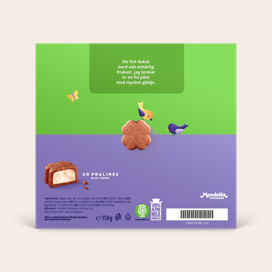 Personlig Milka 3D presentförpackning - påsk Personlig Milka 3D presentförpackning - påsk med valfri hälsning tryckt på boxen.
