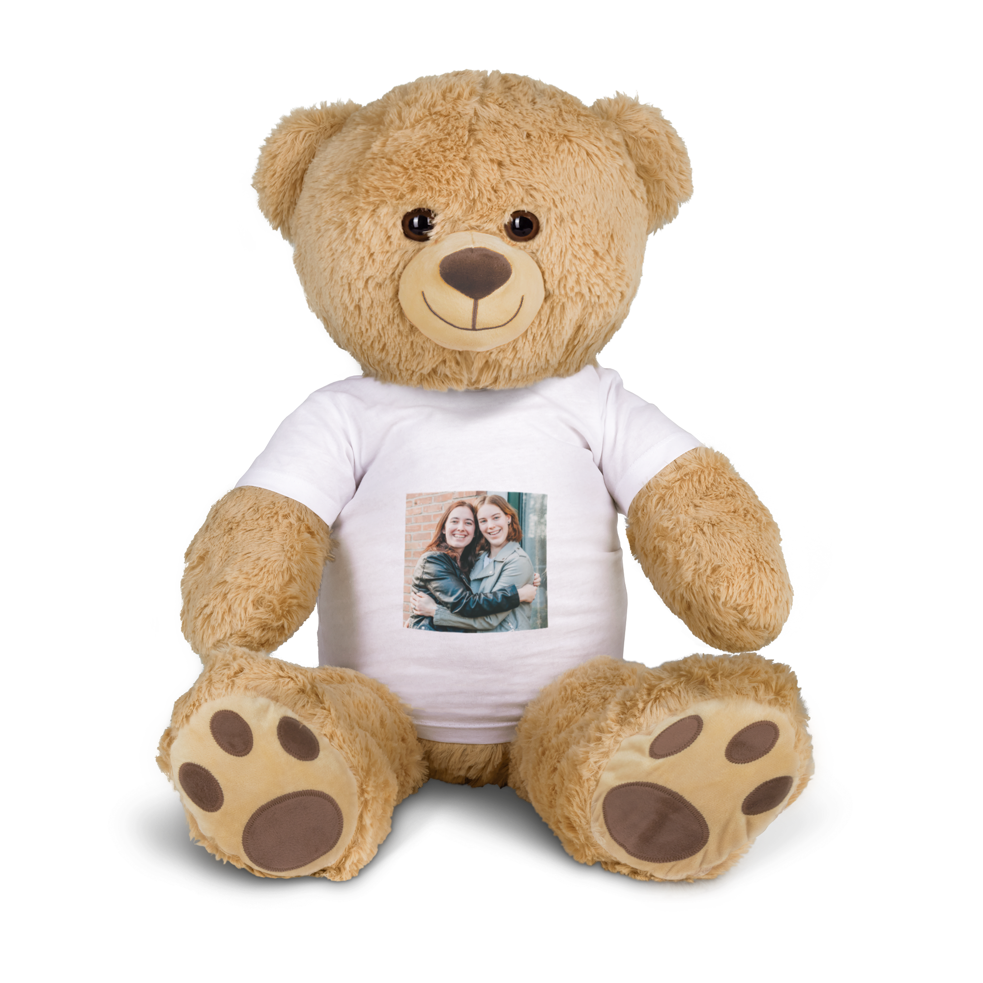 Giant teddy bear with a personalized t-shirt printed with a photo of two smiling women, a perfect surprise for a loved one.