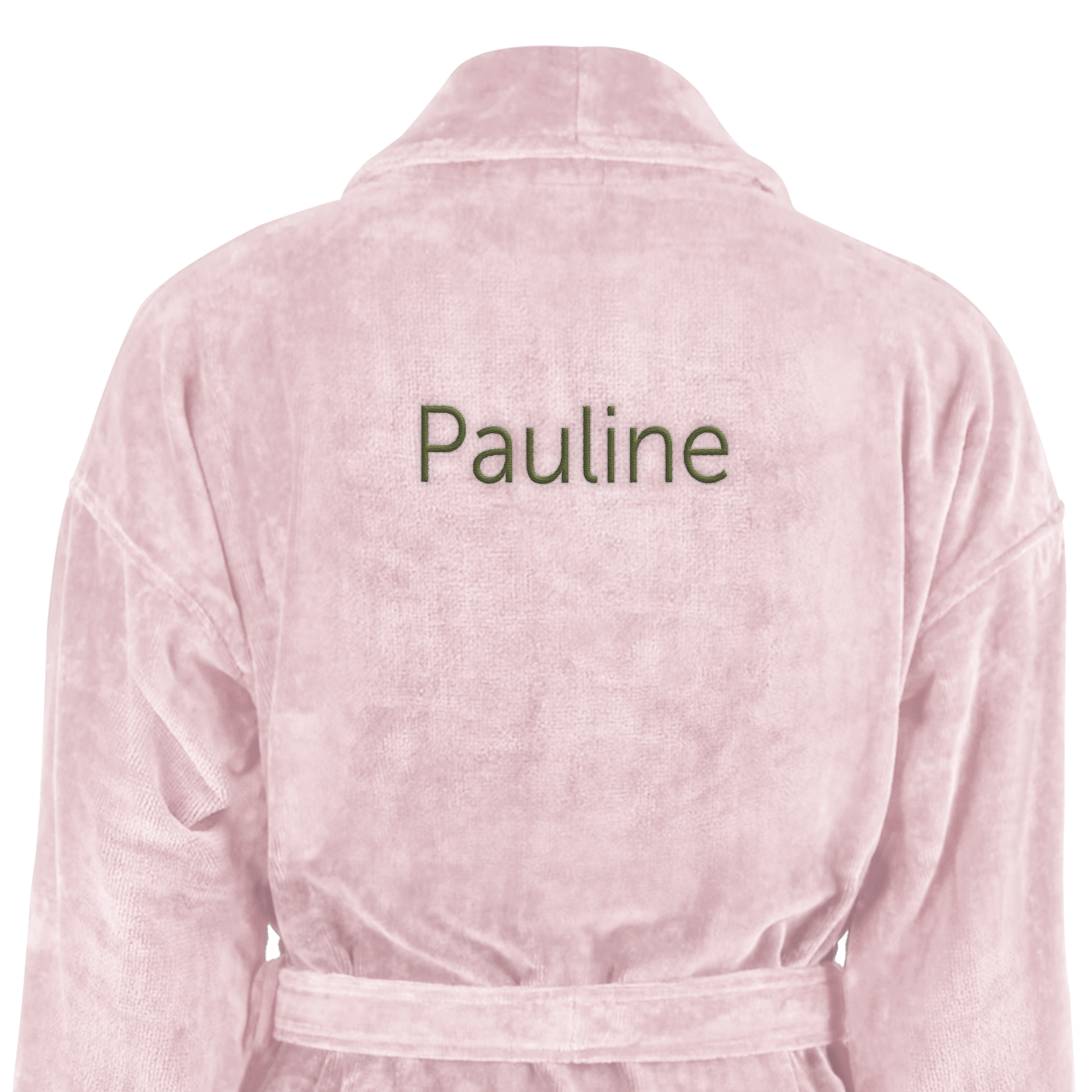 Rosa Frottee-Bademantel mit dem Namen Pauline in Grün auf dem Rücken bestickt