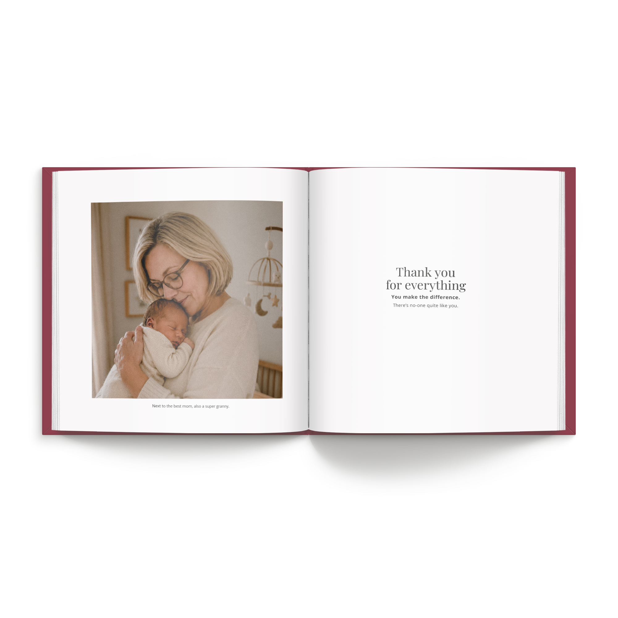 Fotolibro Mi abuela XL de tapa dura con foto personalizada de abuela y bebé y mensaje Gracias por todo, a partir de 28 páginas.