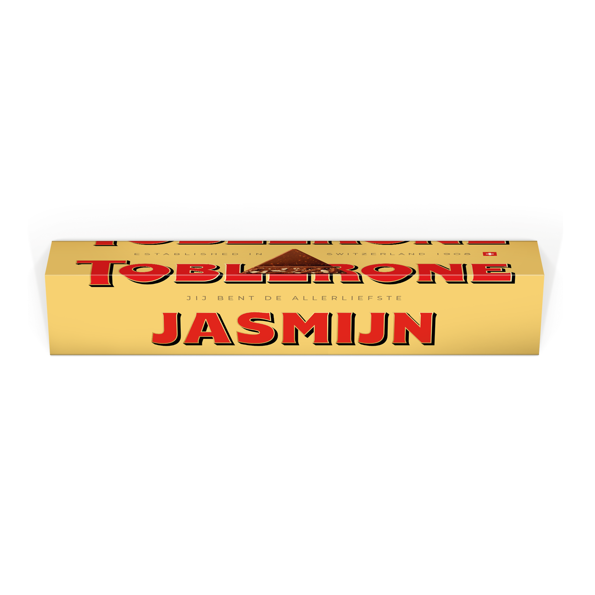 Gepersonaliseerde Toblerone reep met naam - 3600 gram, goudkleurige verpakking met de naam Jasmijn in rood geprint