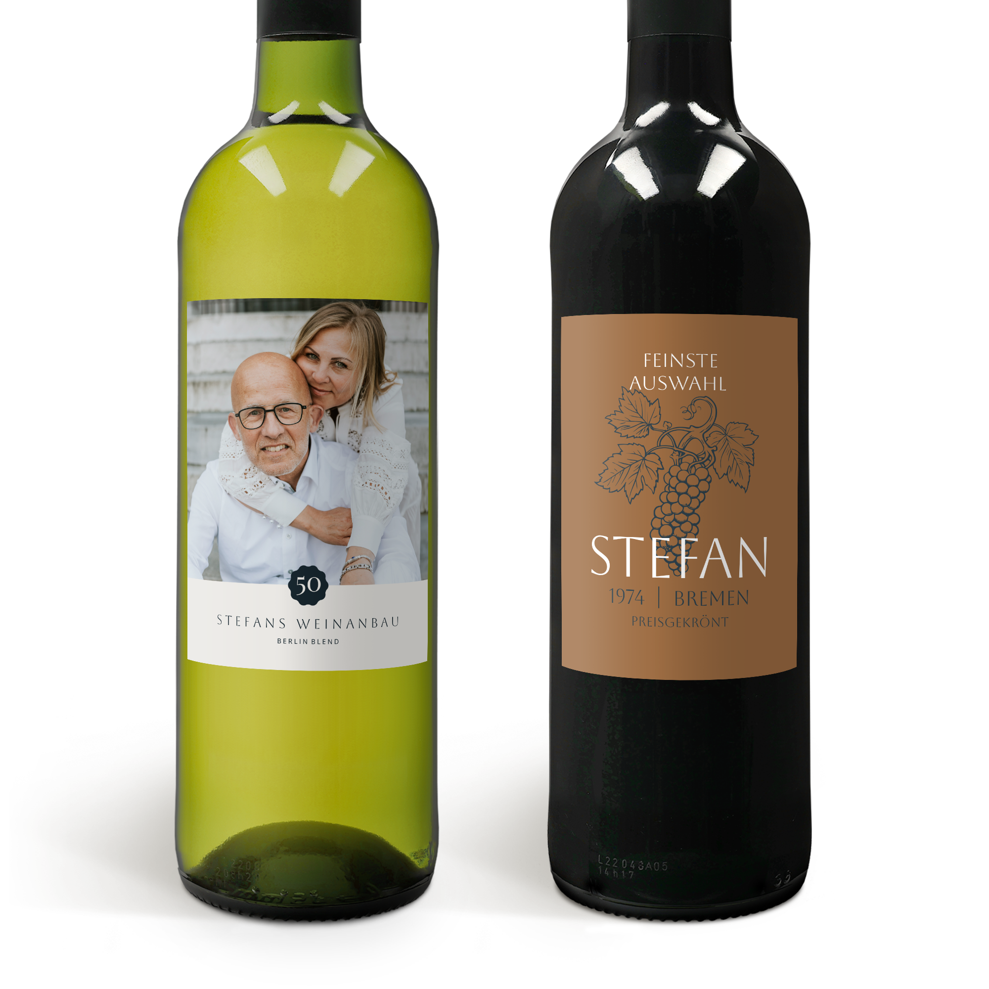 Wein Geschenkset Belvy mit eigenem Etikett bedruckt mit Foto und dem Namen Stefan.