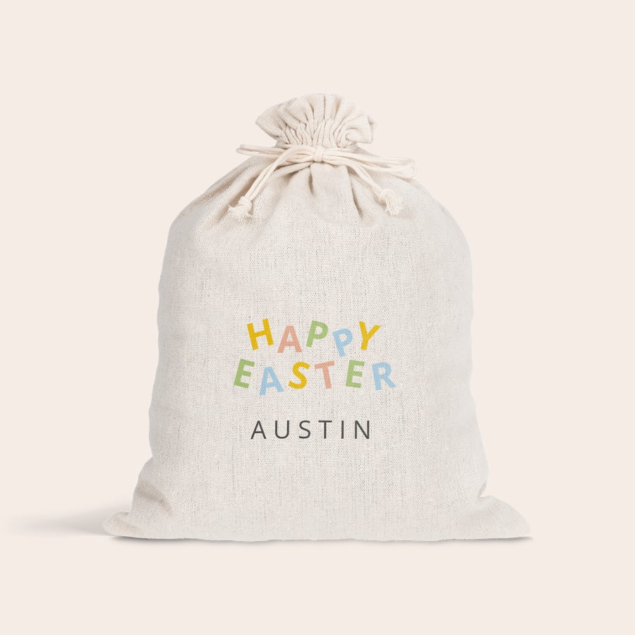 Pungă cadou cu cordon - Paște Pungă de cadou personalizată cu șnur pentru Paște, imprimată cu "Happy Easter" și numele Austin