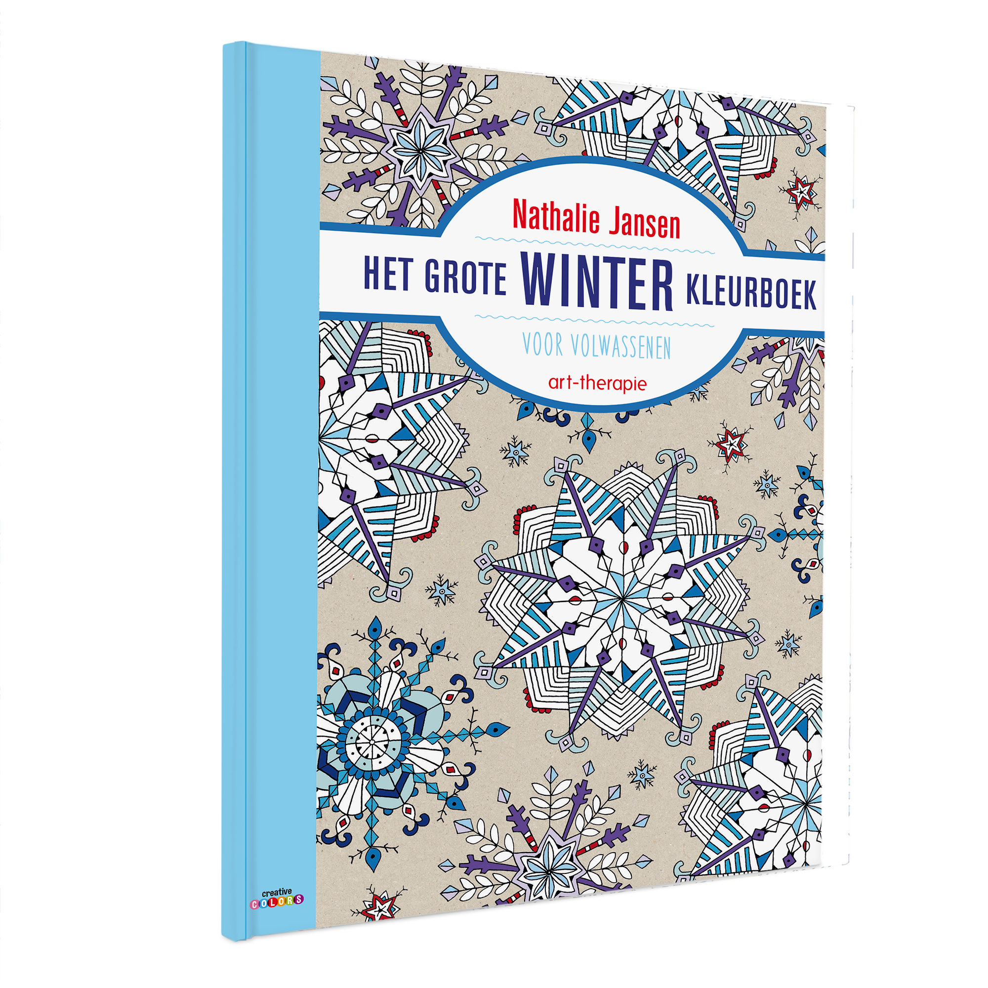 Kleurboek voor volwassenen Het grote winter met naam Nathalie Jansen op de voorkant gedrukt, met blauwe kaft.