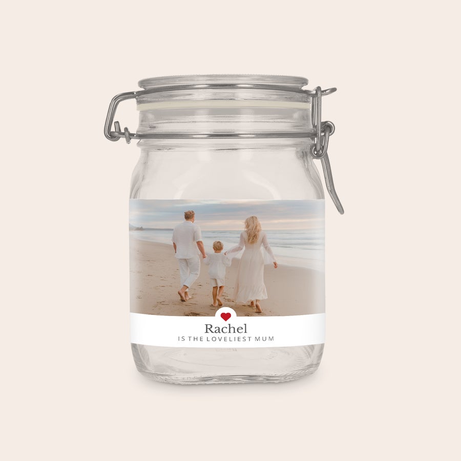 Glass jar with lid - personalised Personalised glass jar with lid, 1 liter, printed with a family photo and text "Rachel is the loveliest mum"