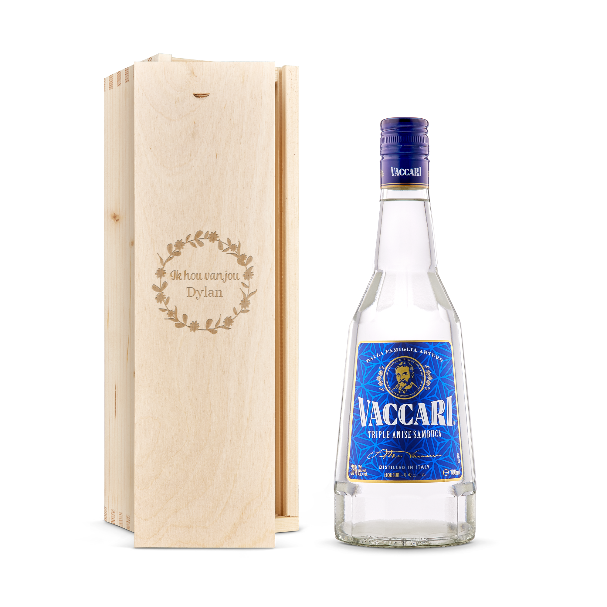Likeur in gegraveerde kist - Sambuca Vaccari