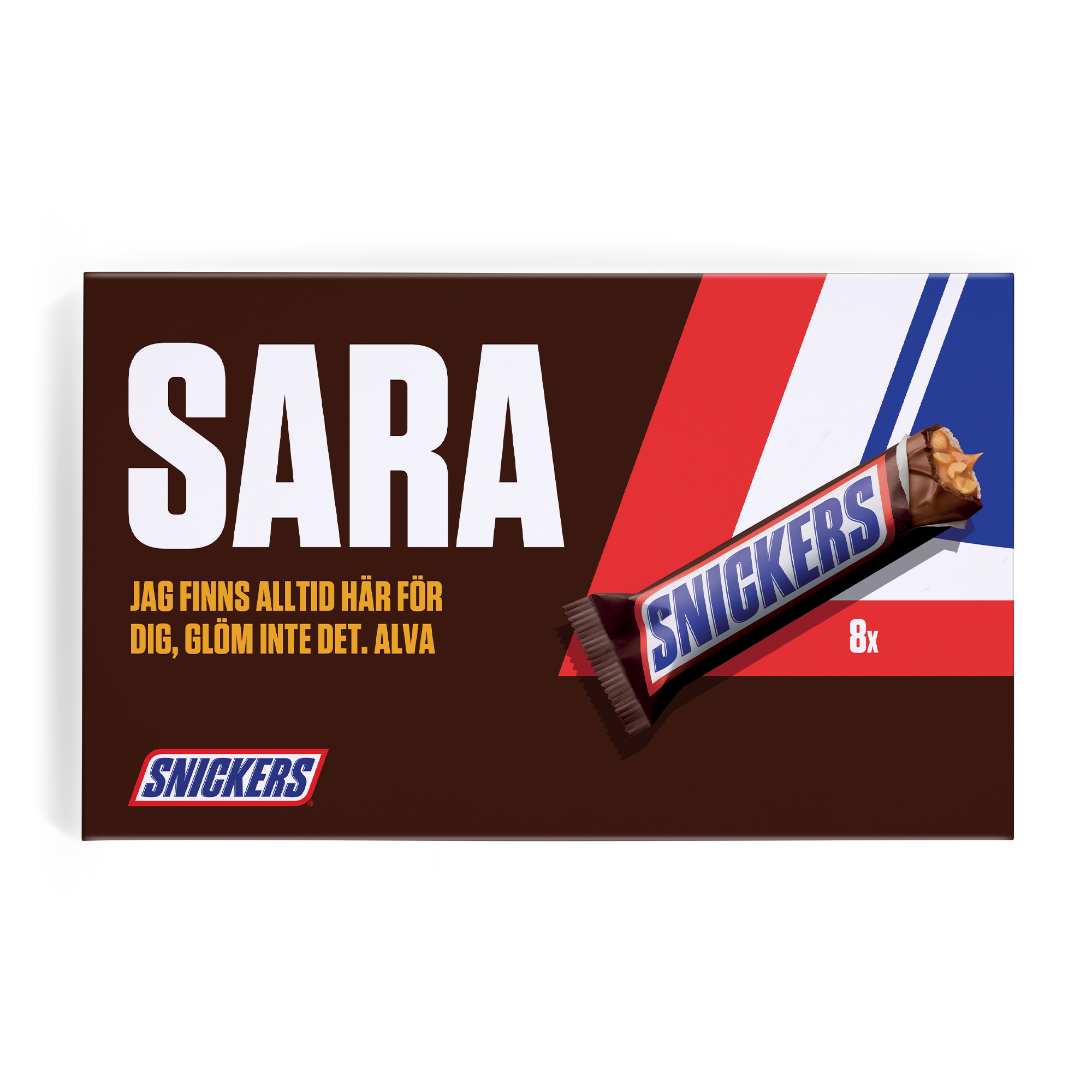 Personlig Snickers presentförpackning med namnet SARA och ett tryckt meddelande