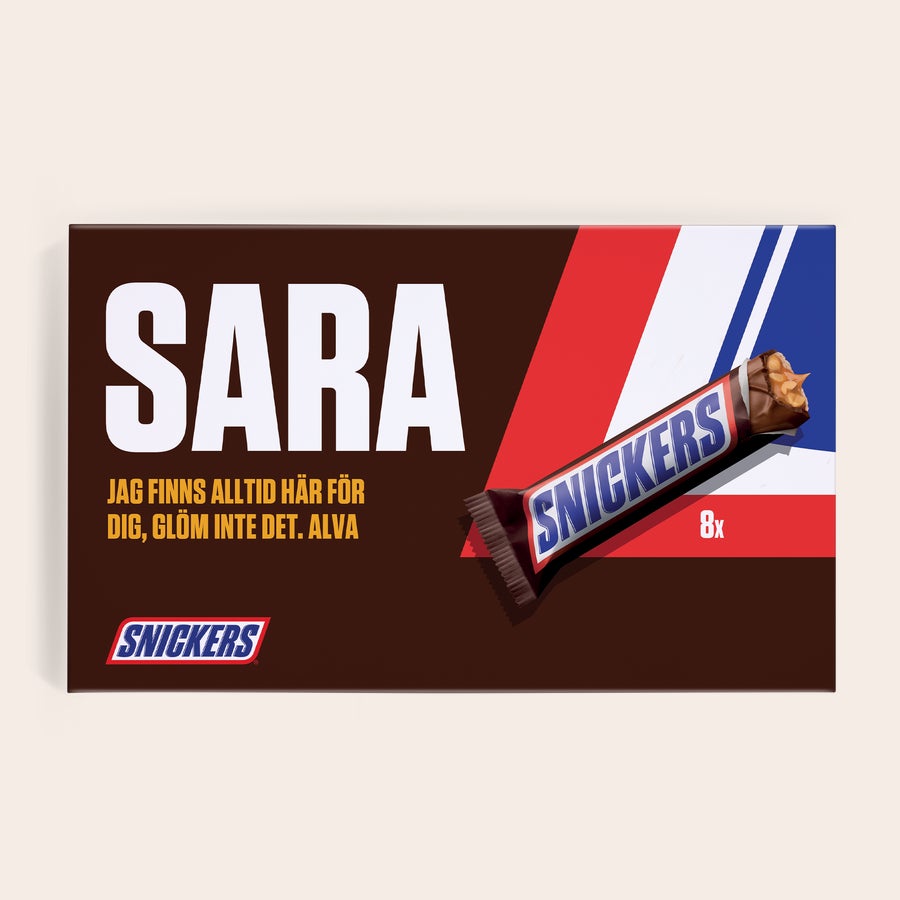 Snickers presentförpackning Personlig Snickers presentförpackning med namnet SARA och ett tryckt meddelande