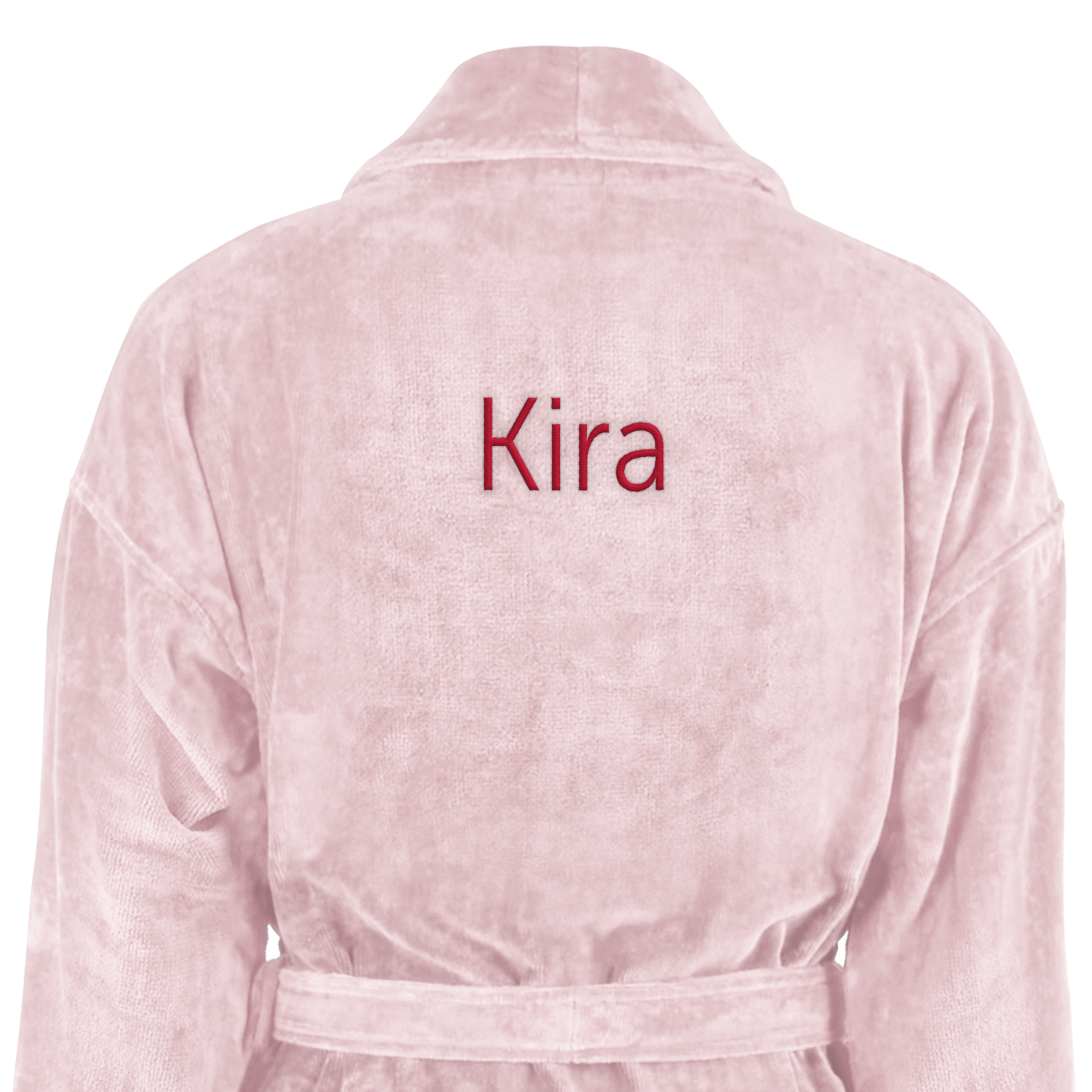 Kuscheliger, rosa Bademantel aus Frottee mit dem Namen "Kira" in Rot auf dem Rücken bestickt