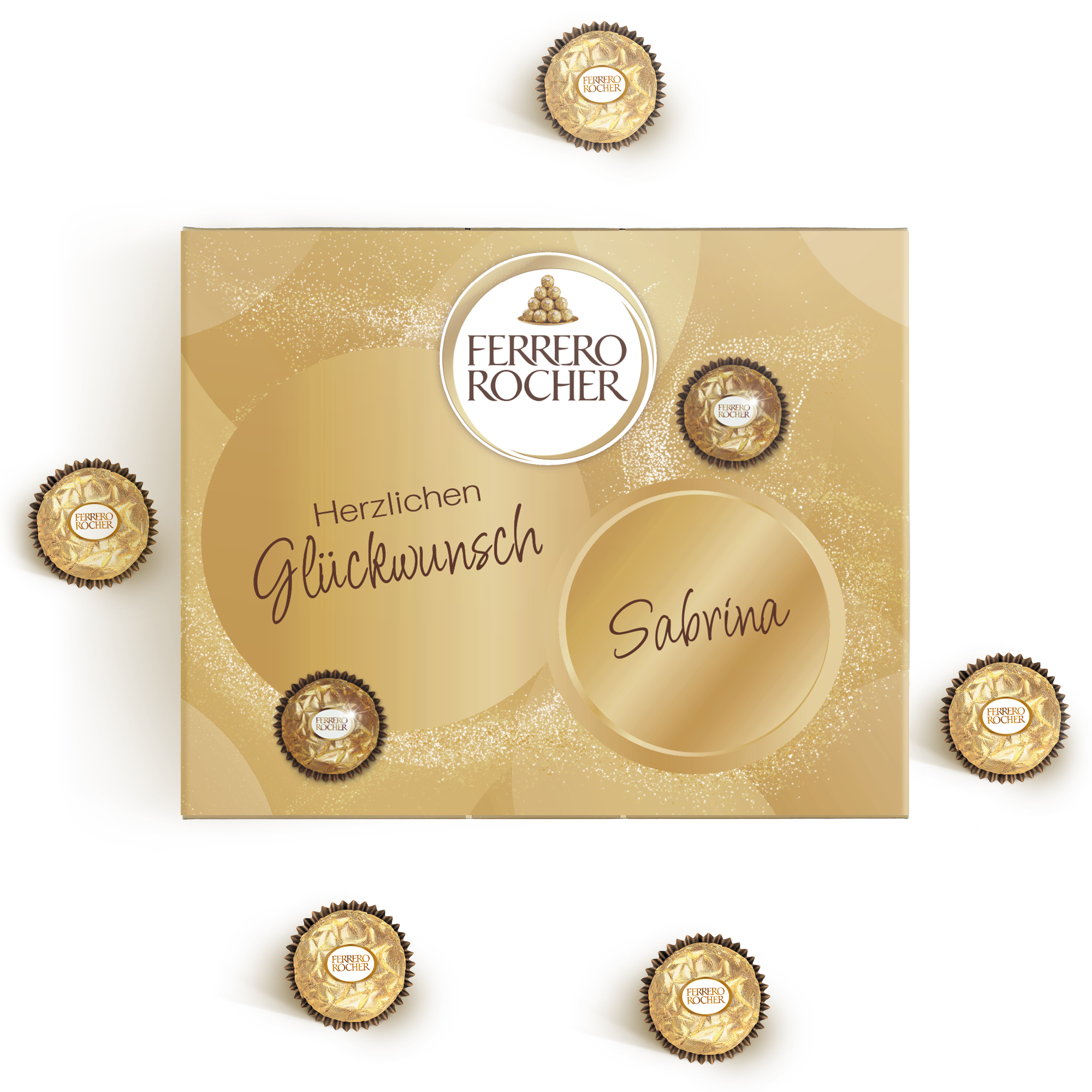Personalisiertes Ferrero Rocher Geschenk mit Aufdruck Herzlichen Glückwunsch und Name Sabrina
