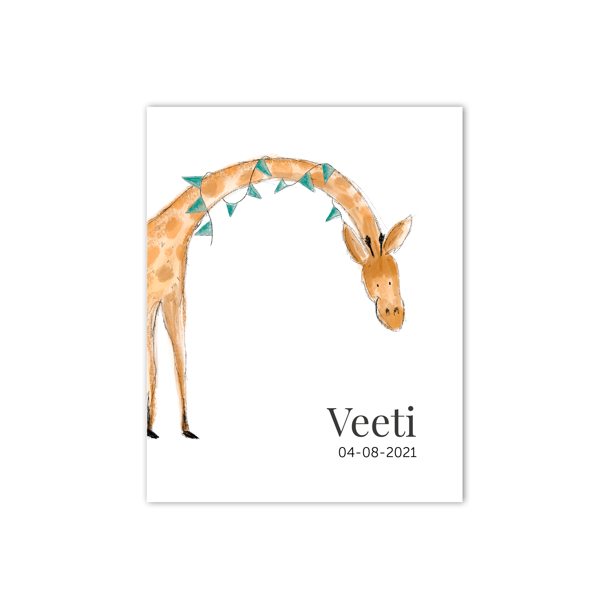 Lastenhuoneen vauvajuliste, jossa on yksilöllinen painatus kirahvista ja nimestä Veeti sekä päivämäärästä 04-08-2021