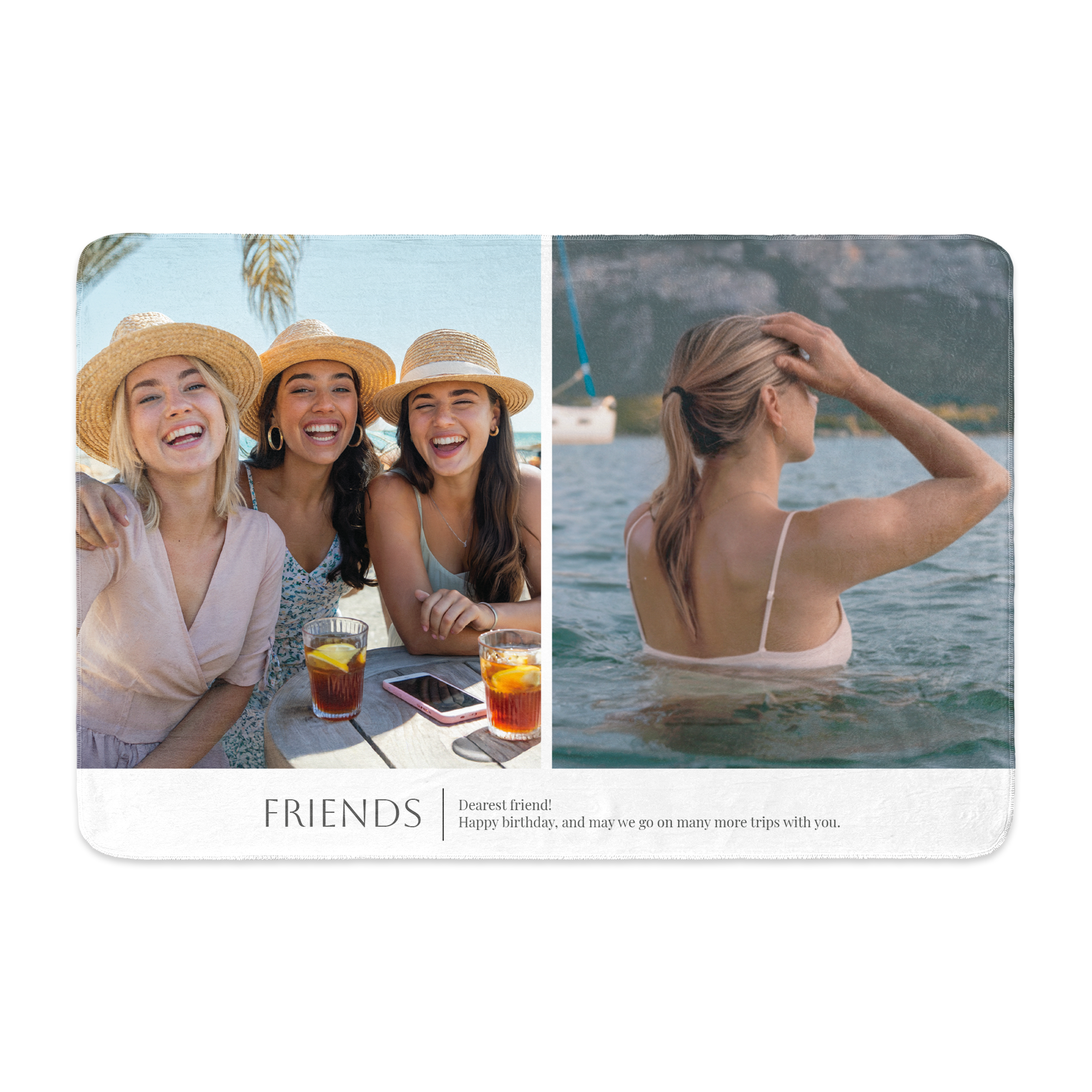 Personalised fleece blanket printed with two photos and the text "FRIENDS Dearest friend! Happy birthday, and may we go on many more trips with you."
