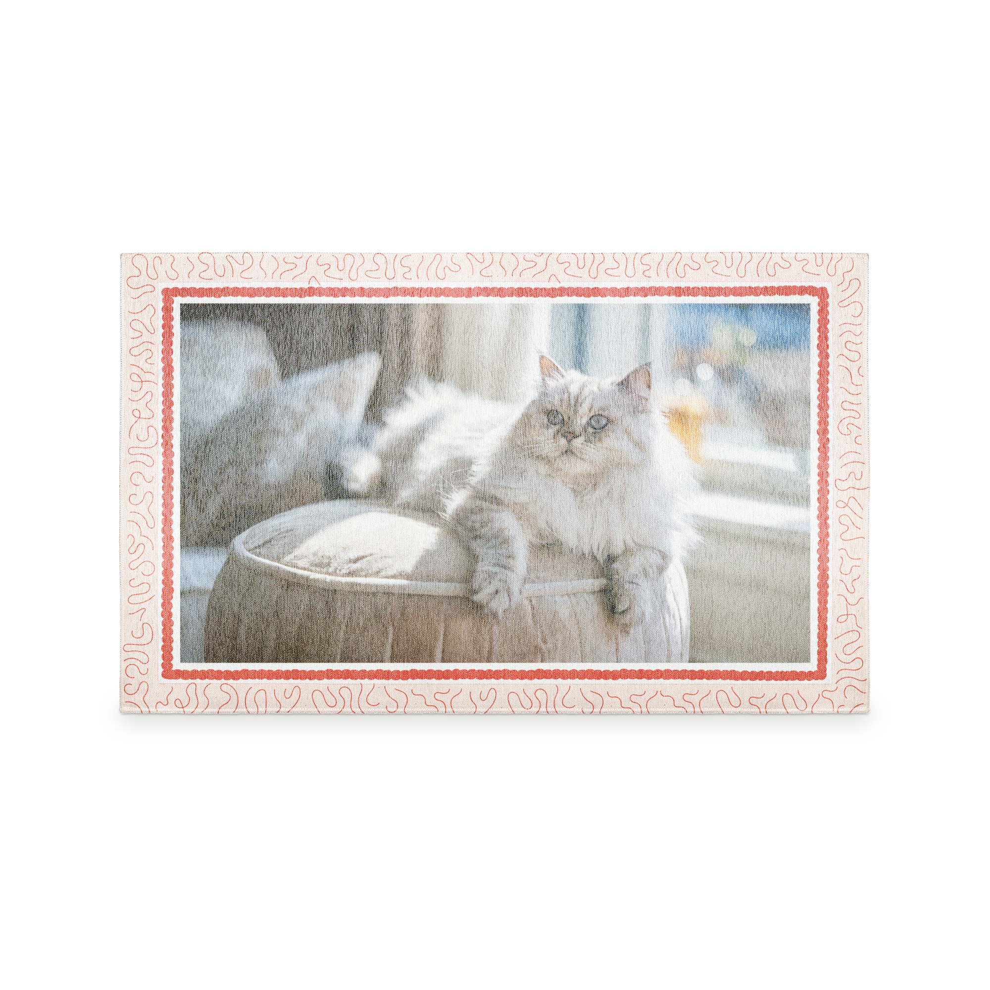 Alfombra personalizada con foto impresa de un gato blanco y borde decorativo rojo.