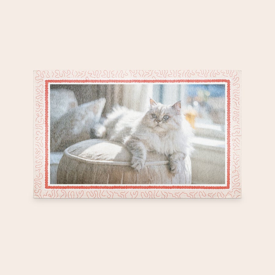 Alfombra estampada Alfombra personalizada con foto impresa de un gato blanco y borde decorativo rojo.