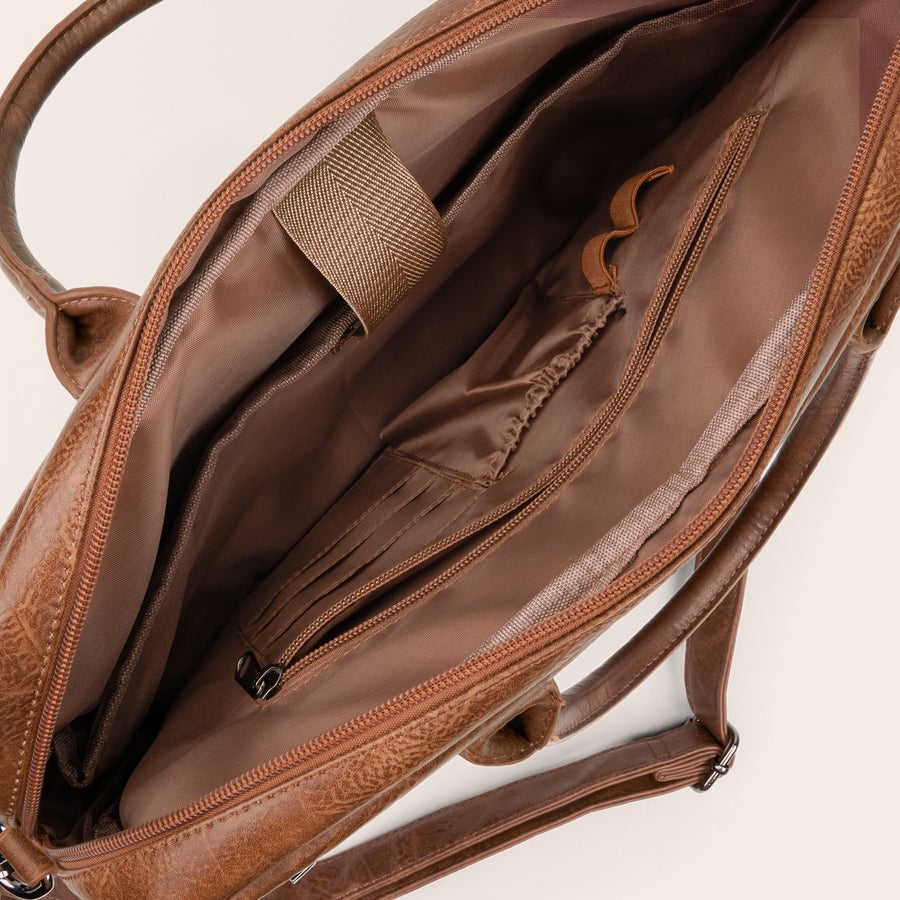 Bolsa para laptop personalizada em couro PU Bolsa de couro PU personalizada para laptop, aberta, mostrando divisórias e zíperes internos