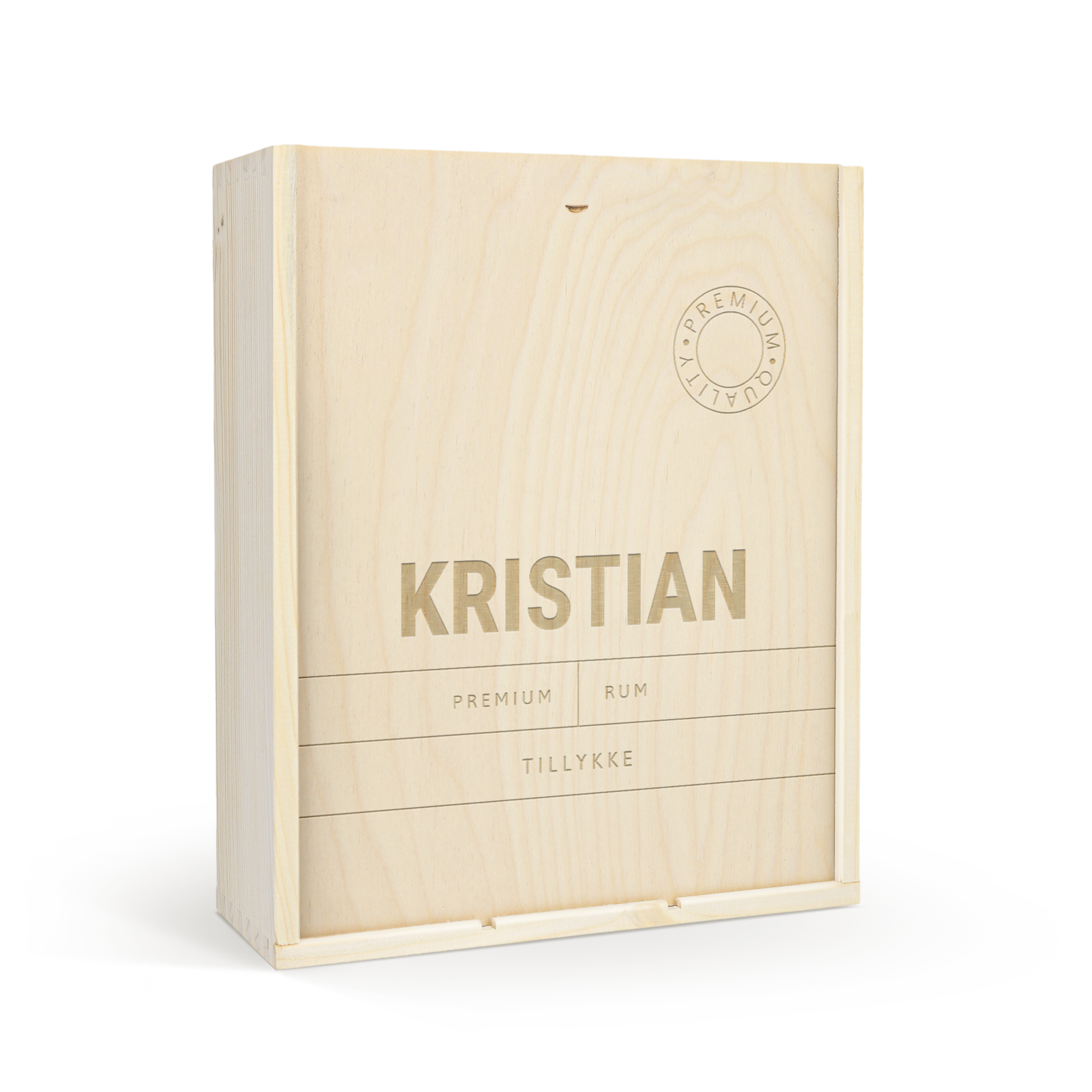 Personlig vin trækasse i lyst træ, indgraveret med navnet KRISTIAN og teksten TILLYKKE.