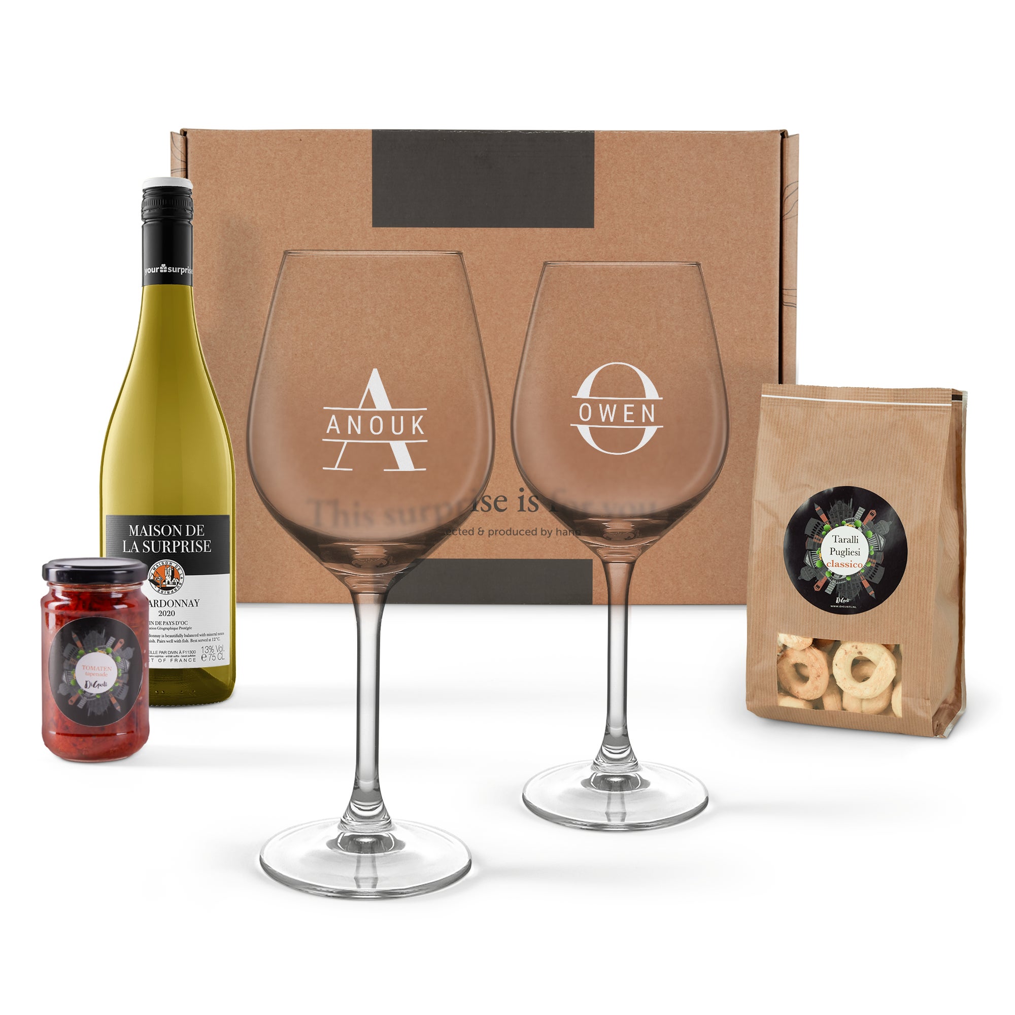 Wine & snacks gift set - White - Engraved glasses