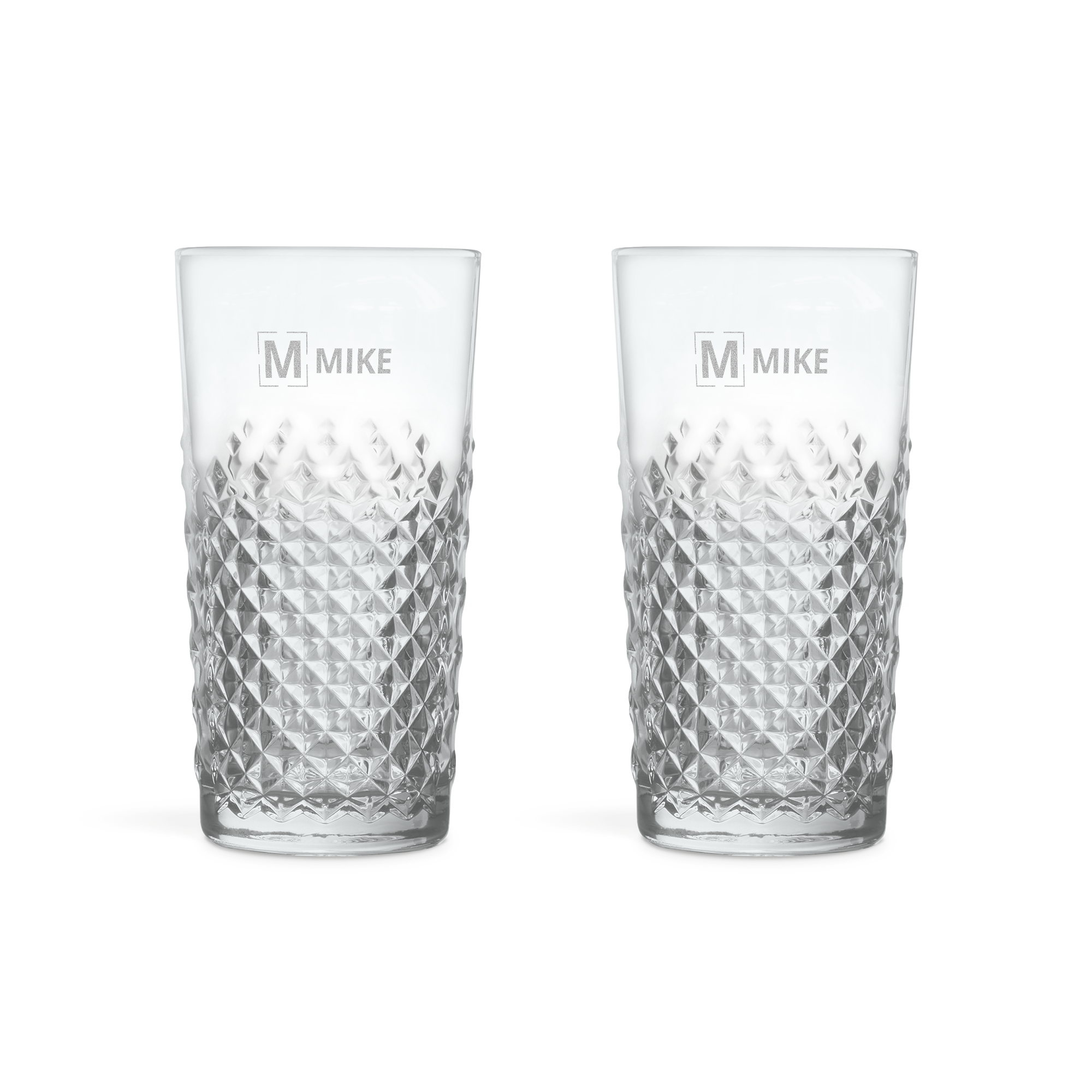 Set di 2 bicchieri da mojito personalizzati, incisi con il nome Mike e decorati con un motivo a rombi