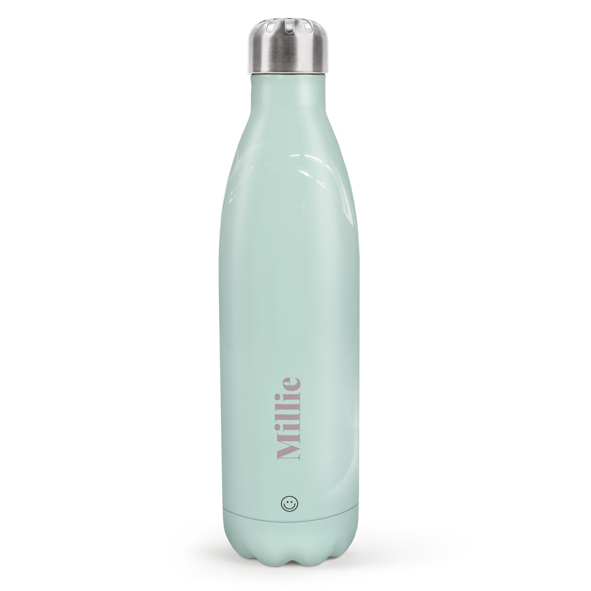 Mintgrønn personlig termosflaske med navnet "Millie" og smilefjes, trykt i rosa.