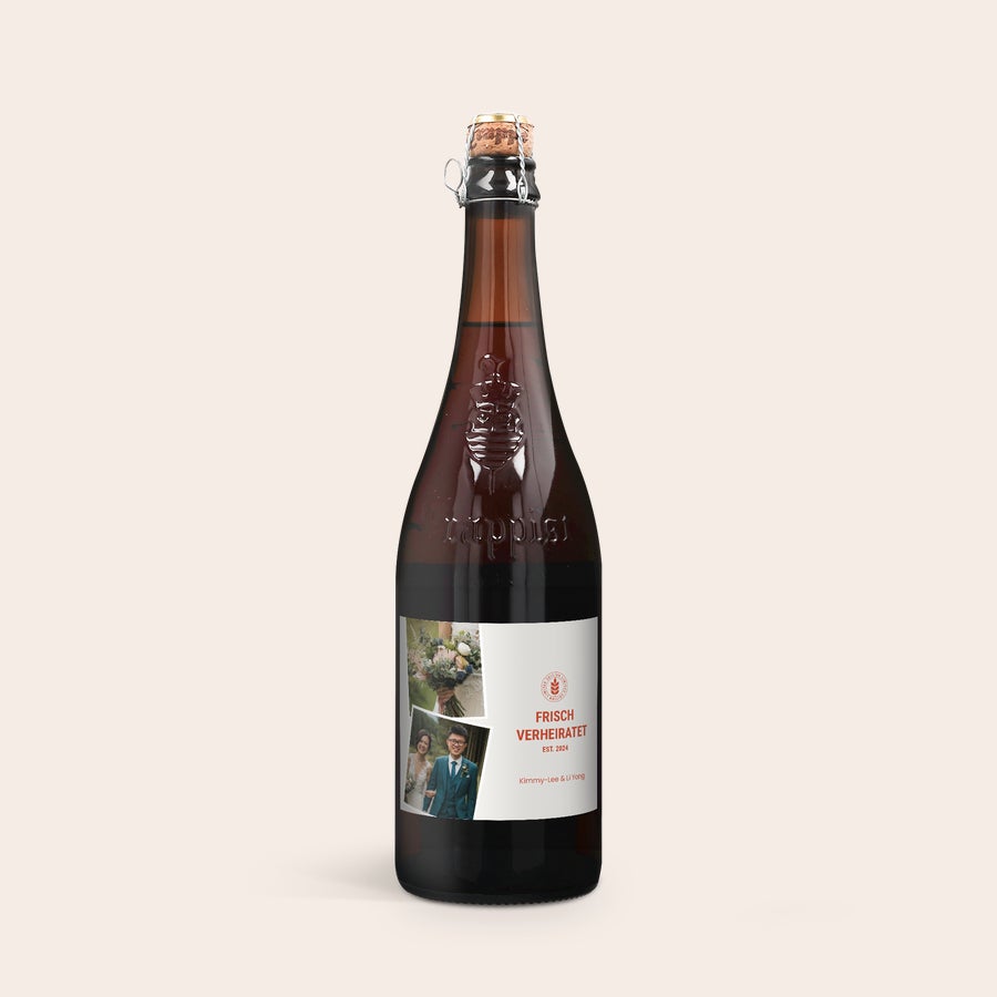 Bier Trappistenbier La Trappe Isid'or personalisieren Braunes Trappistenbier mit personalisiertem Etikett bedruckt mit Fotos und Namen "Kimmy-Lee & Li Yong" und Text "FRISCH VERHEIRATET EST. 2024".