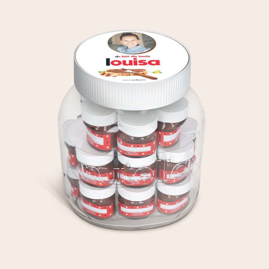 Personalisiertes nutella® Glas XL mit Namen und Foto XL nutella®-Glas mit 21 Minigläsern, Deckel mit Foto von Mädchen und dem Namen Louisa bedruckt, ein personalisiertes XL nutella®-Glas.